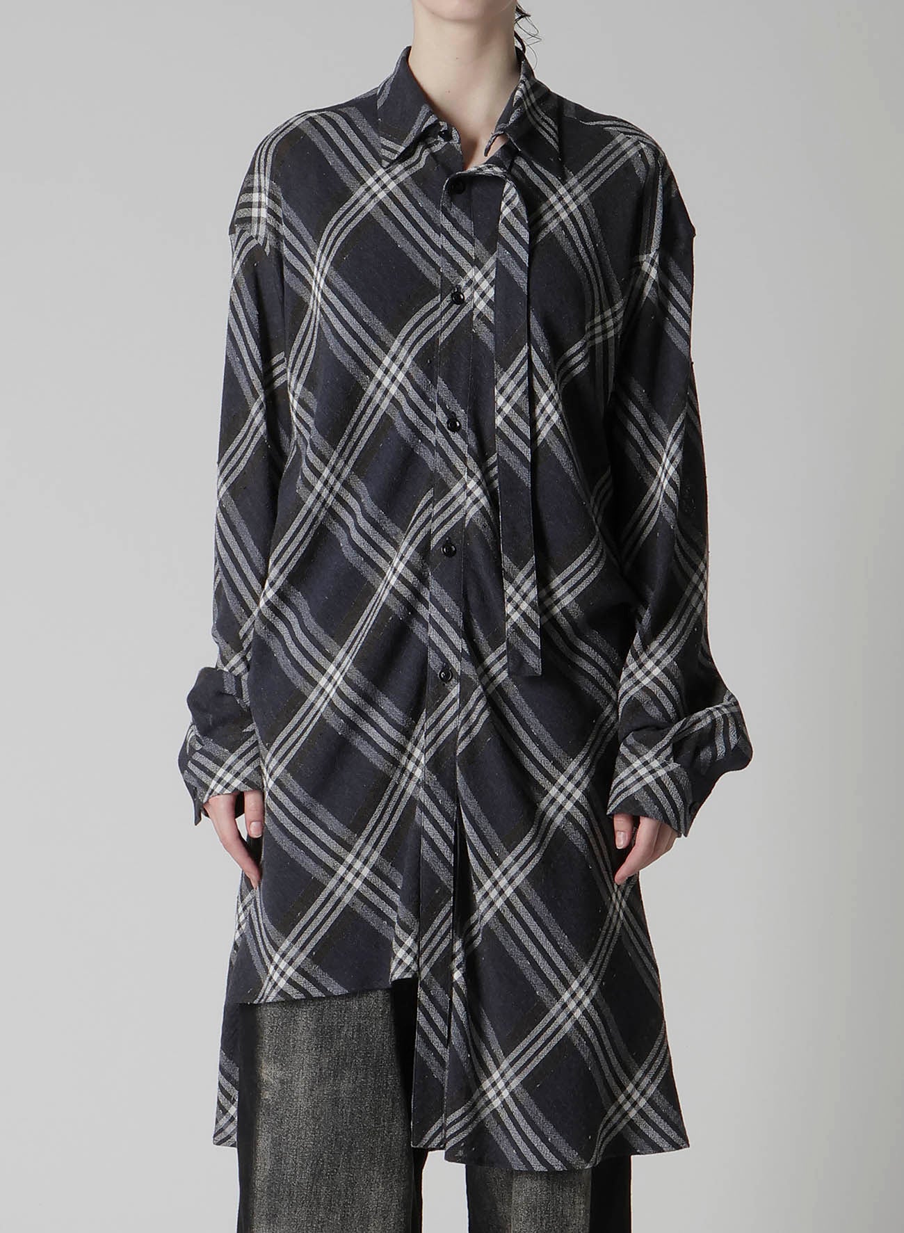 GAUZE PLAID HANGING PLACKET BLOUSE