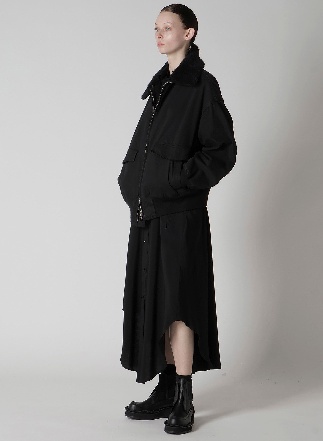 HARD-TWIST SERGE CLOTH PLACKET DRESS