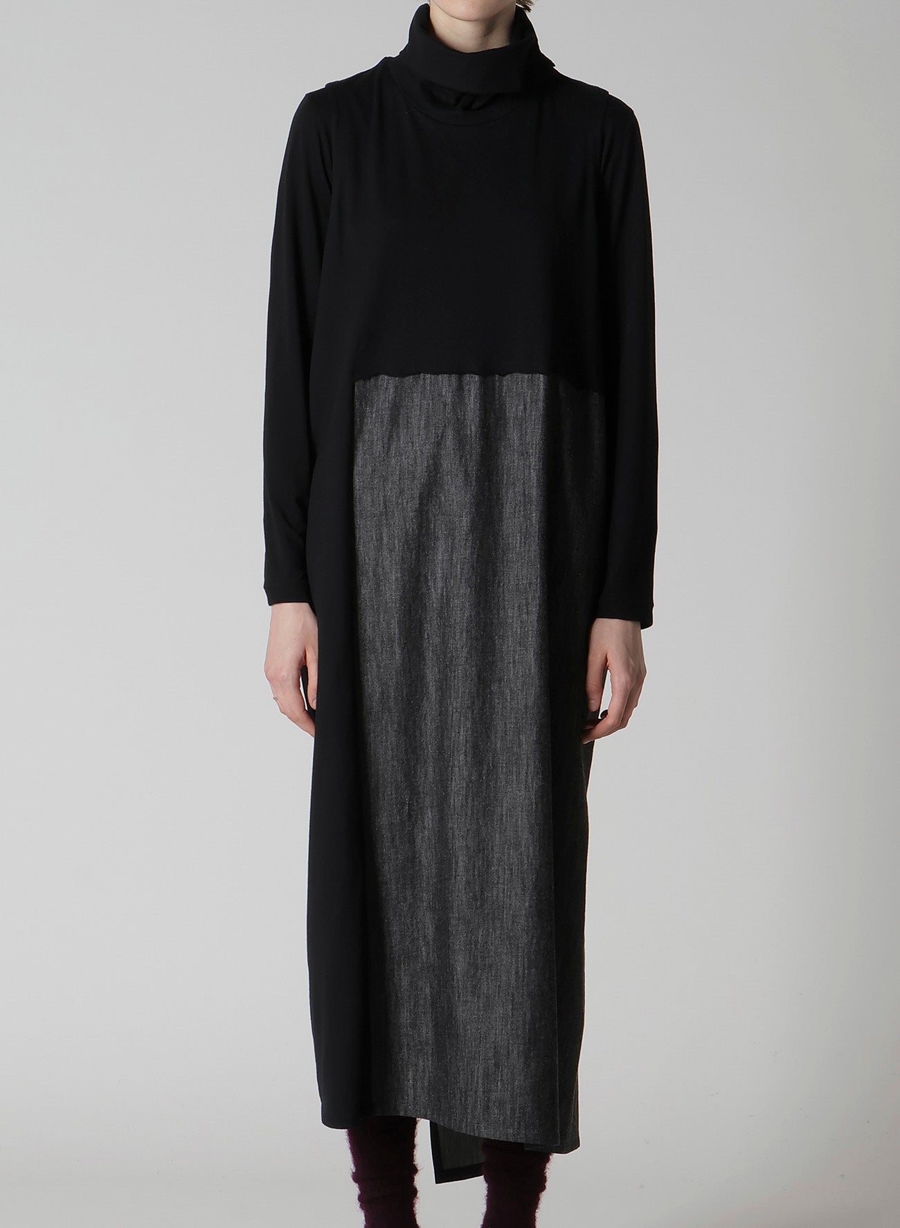 DENIM COMBINATION HIGH NECK DRESS