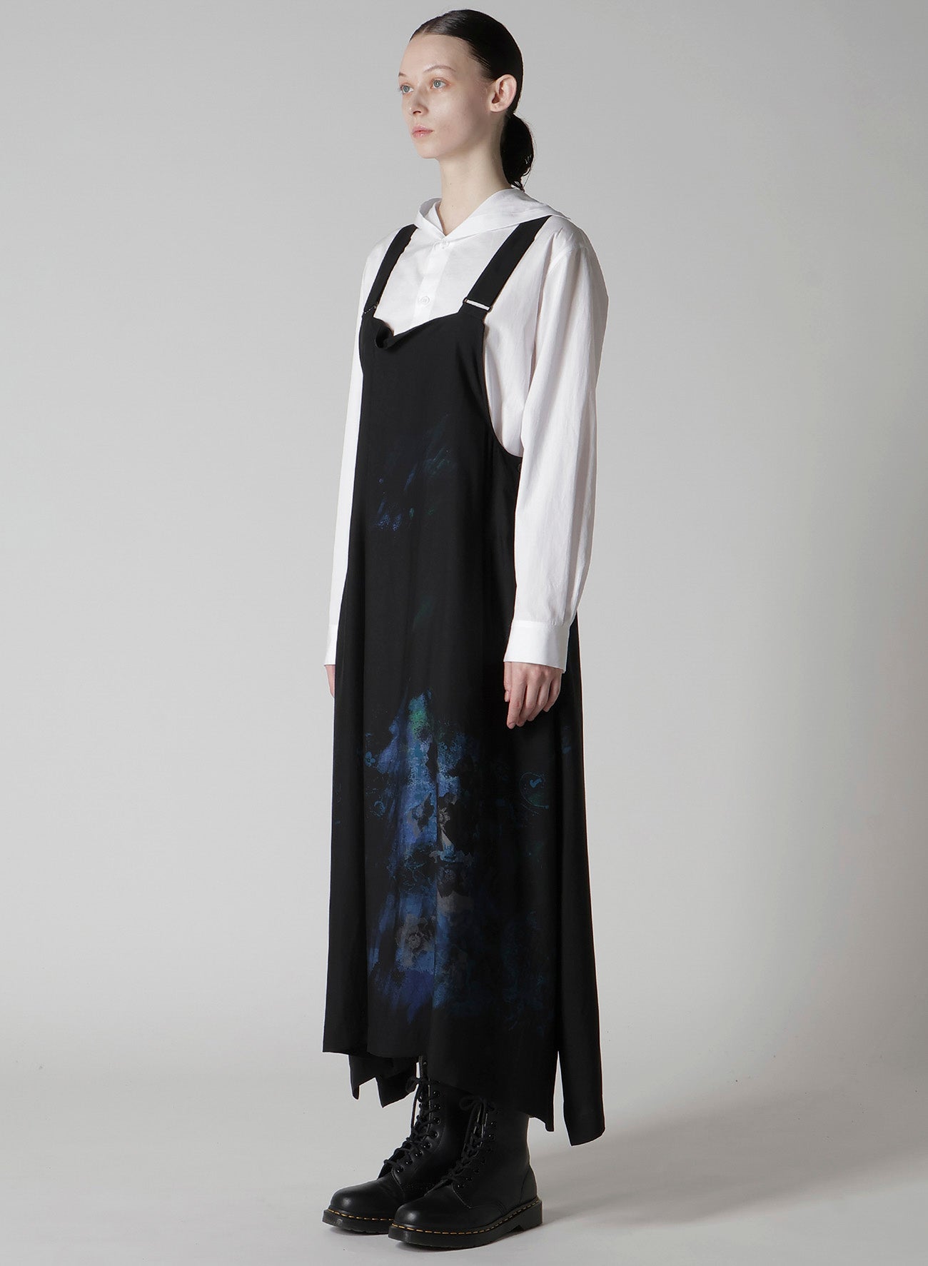 FLOWER/LACE-PREINT DUNGAREE TWILL OVERALLS DRESS