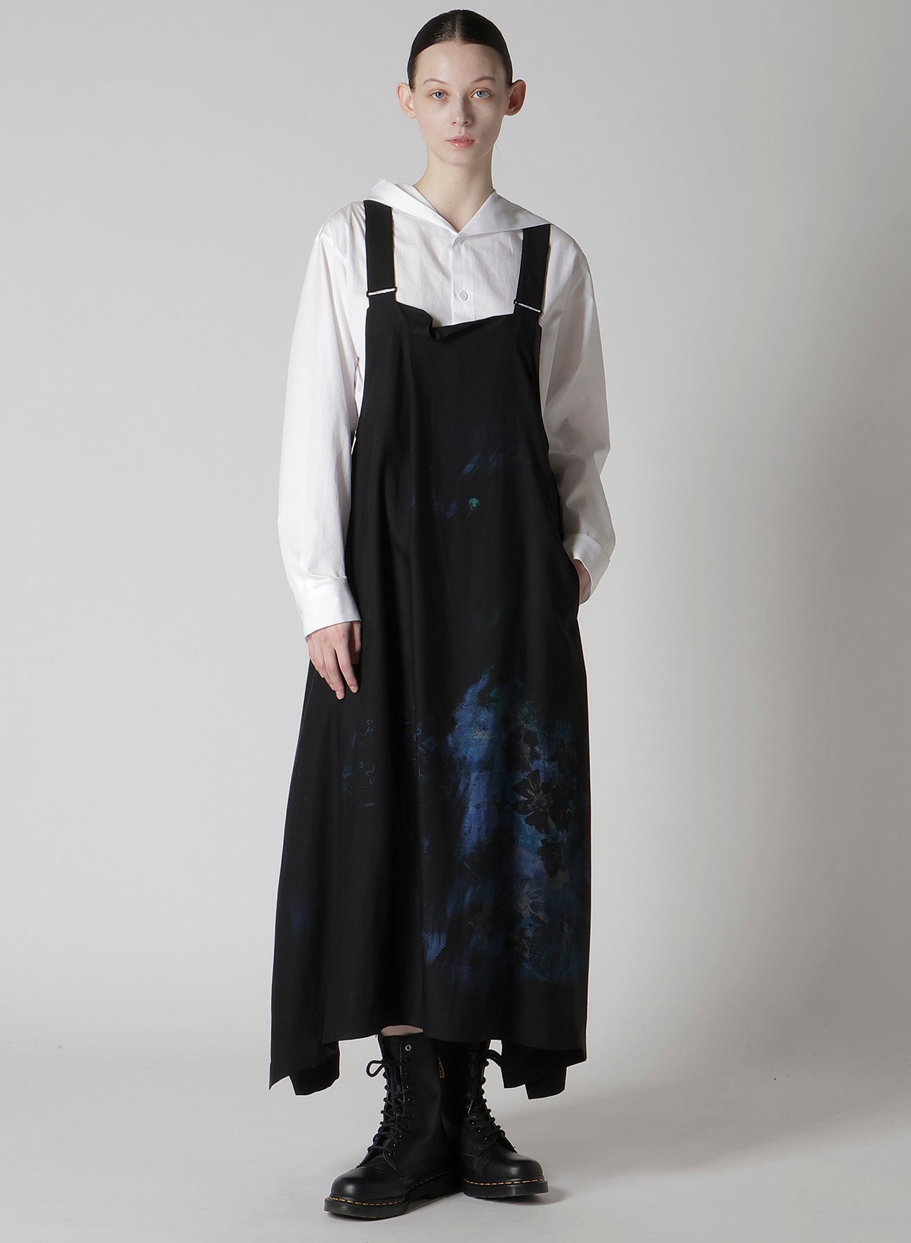 FLOWER/LACE-PREINT DUNGAREE TWILL OVERALLS DRESS
