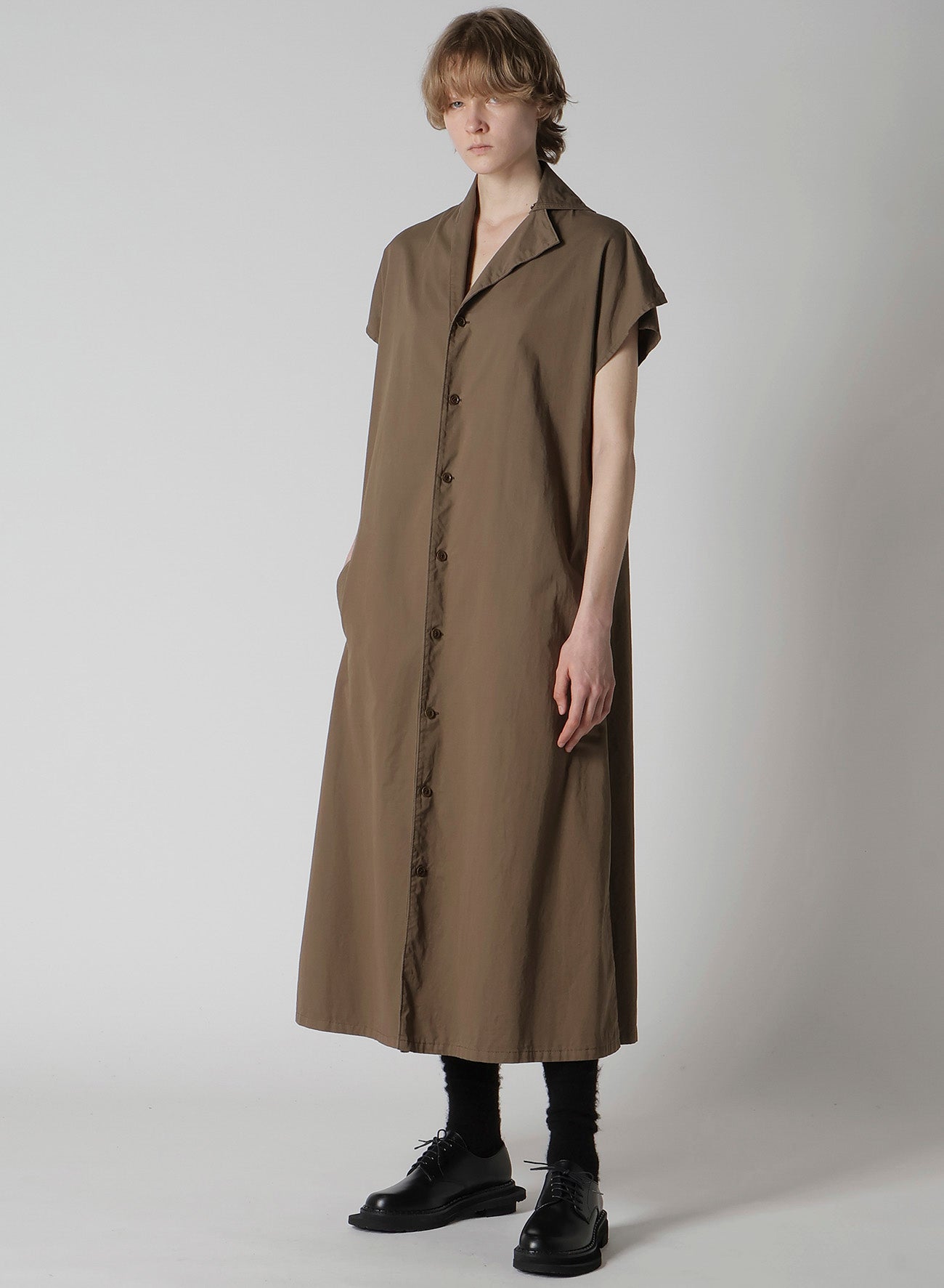 COTTON TWILL GARMENT DYE FRENCH SLEEVE DRESS