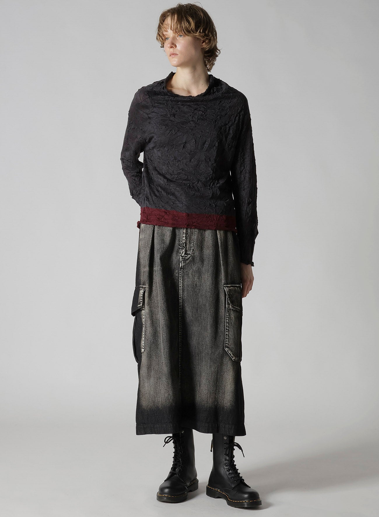 OFF NECK WRINKLED LONG SLEEVE PULLOVER