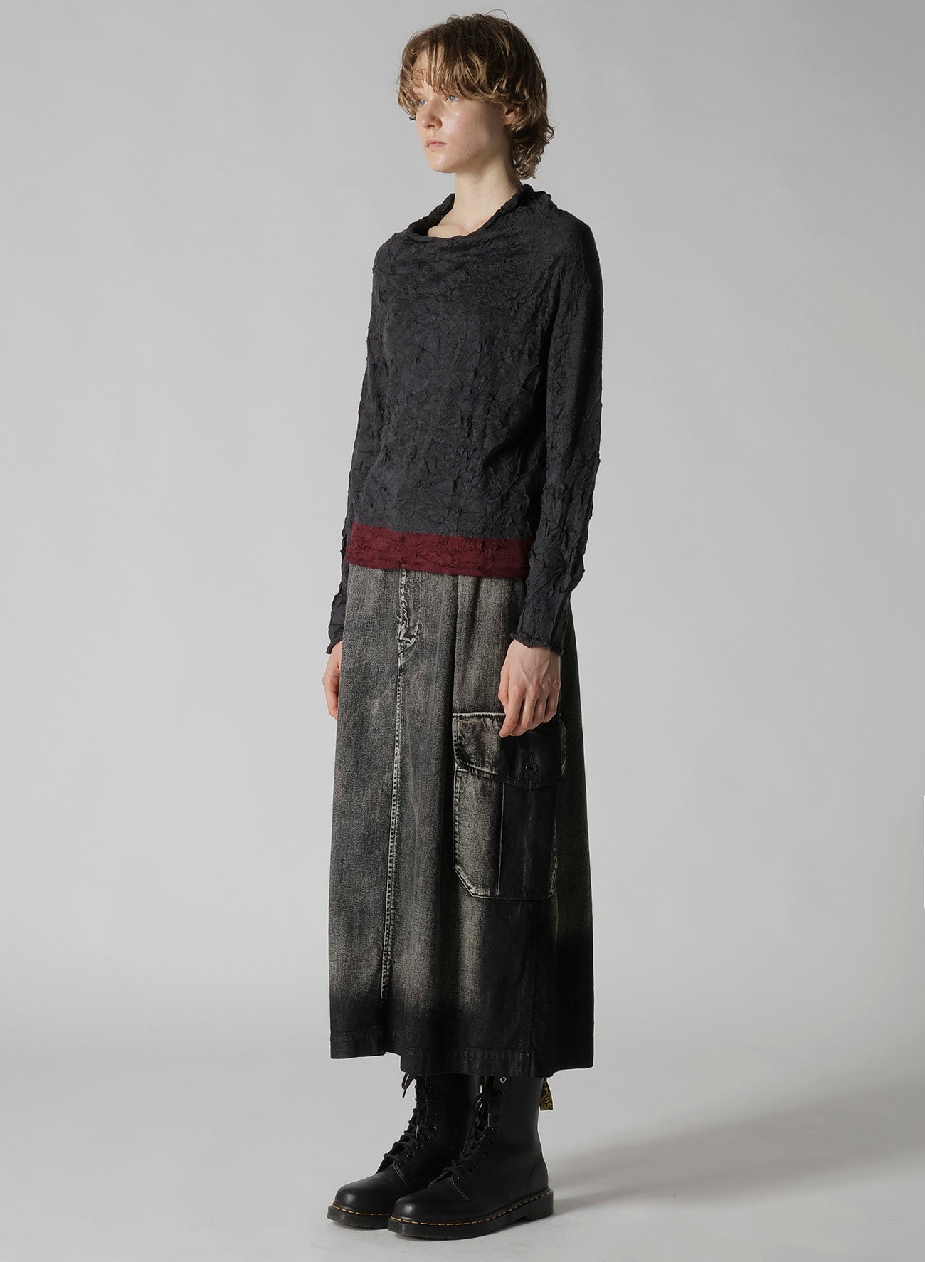 OFF NECK WRINKLED LONG SLEEVE PULLOVER