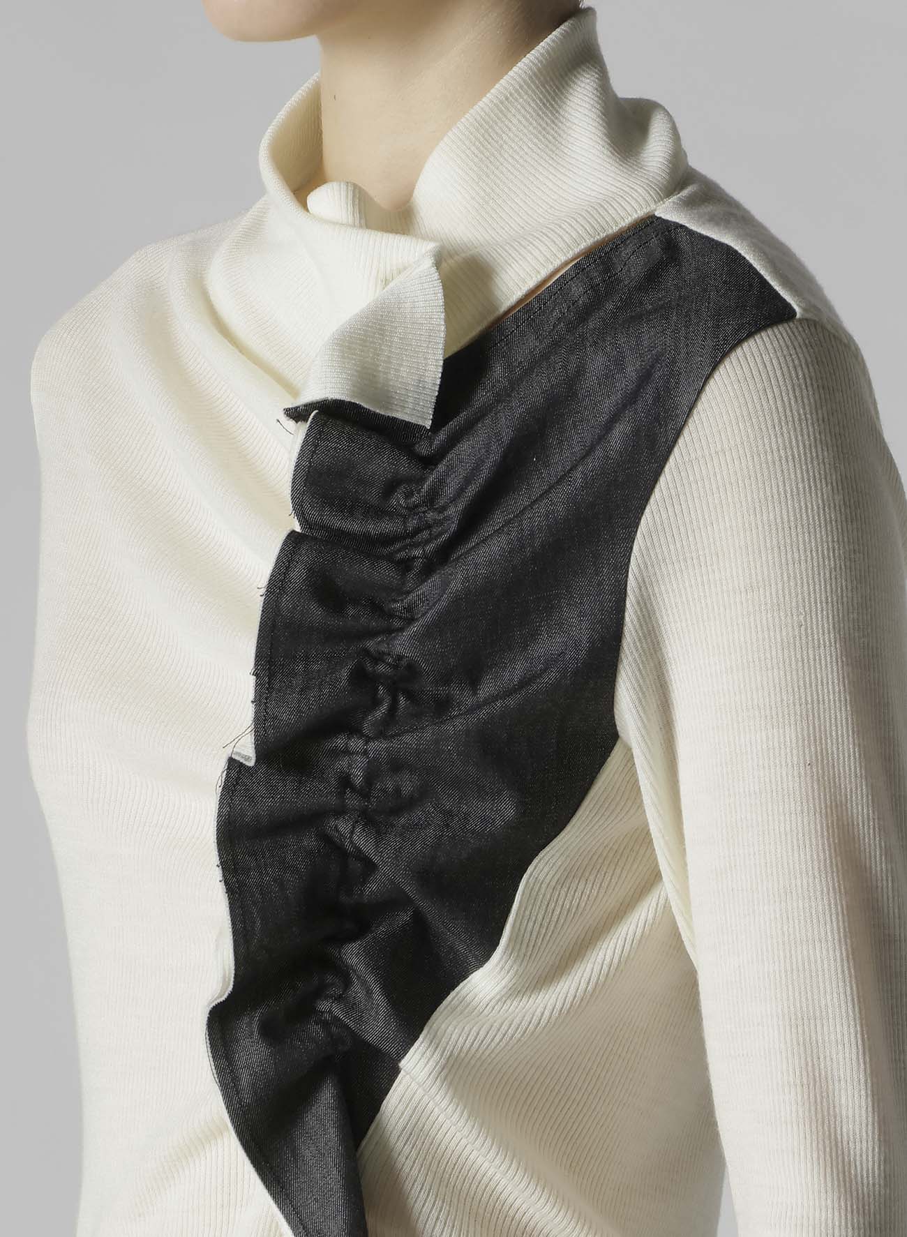 RIB/DENIM COMBINATION HIGH NECK T WITH GATHERS