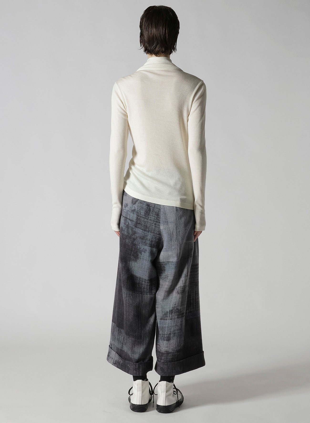 RIB/DENIM COMBINATION HIGH NECK T WITH GATHERS