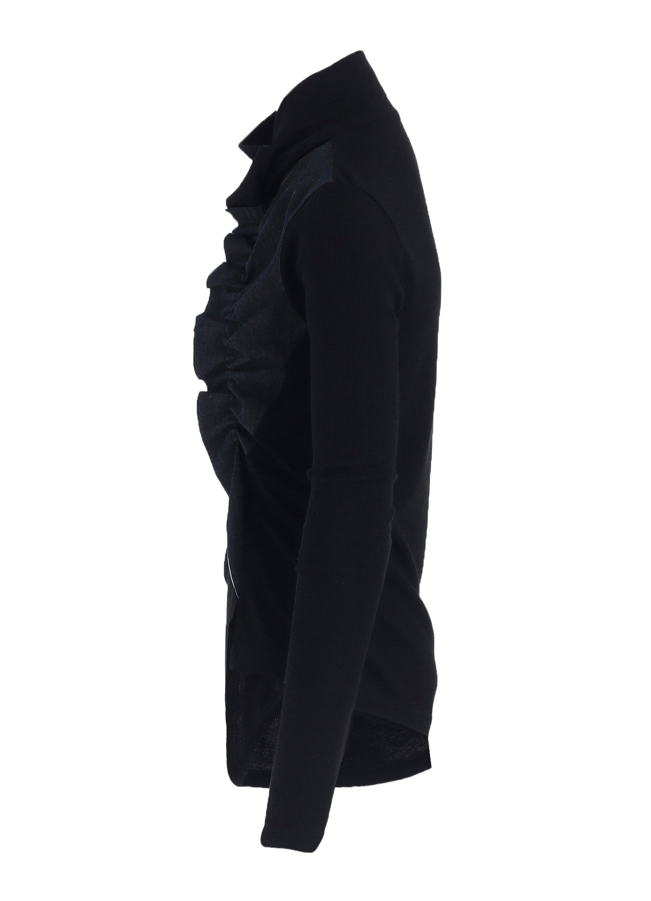RIB/DENIM COMBINATION HIGH NECK T WITH GATHERS