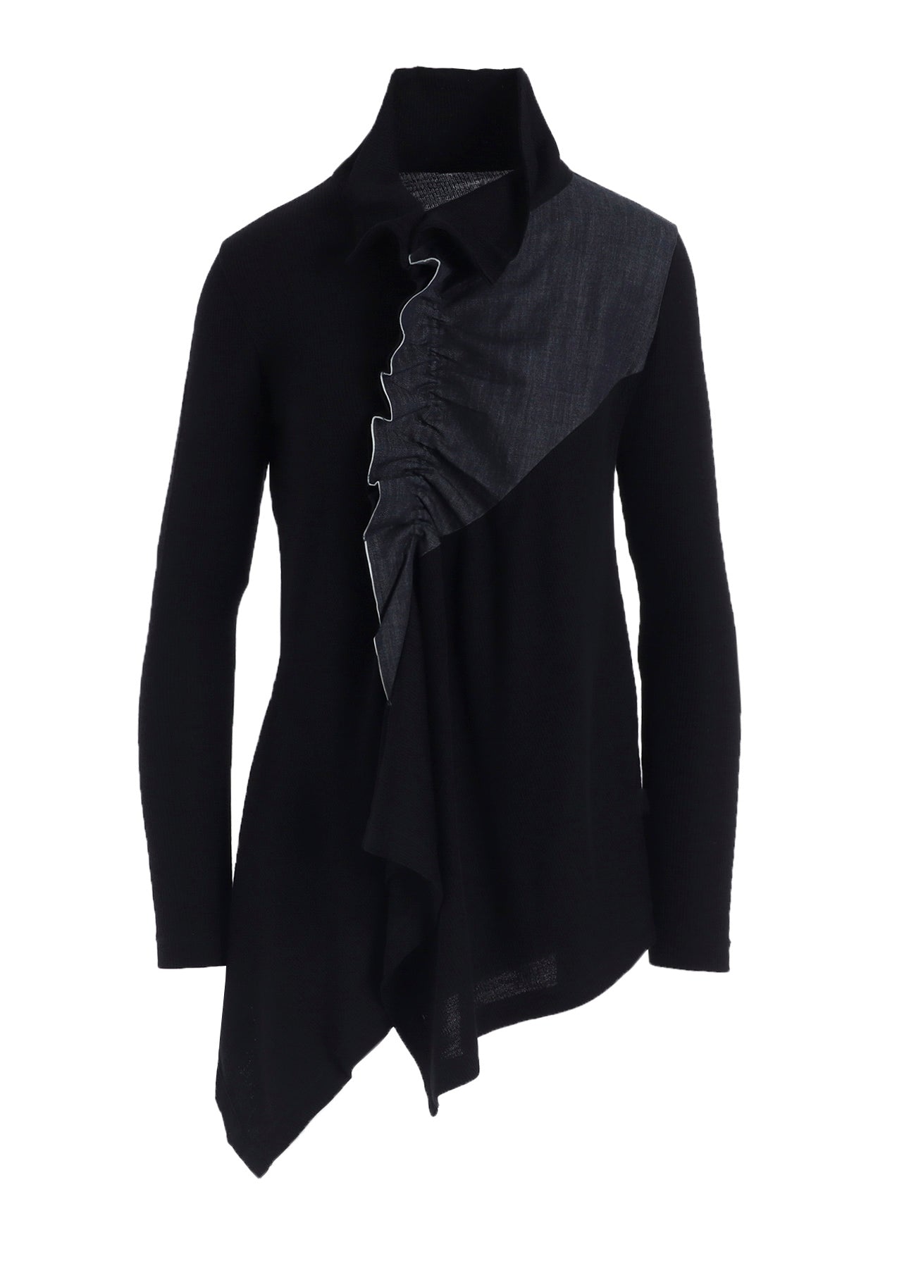 RIB/DENIM COMBINATION FLARE T WITH GATHERS