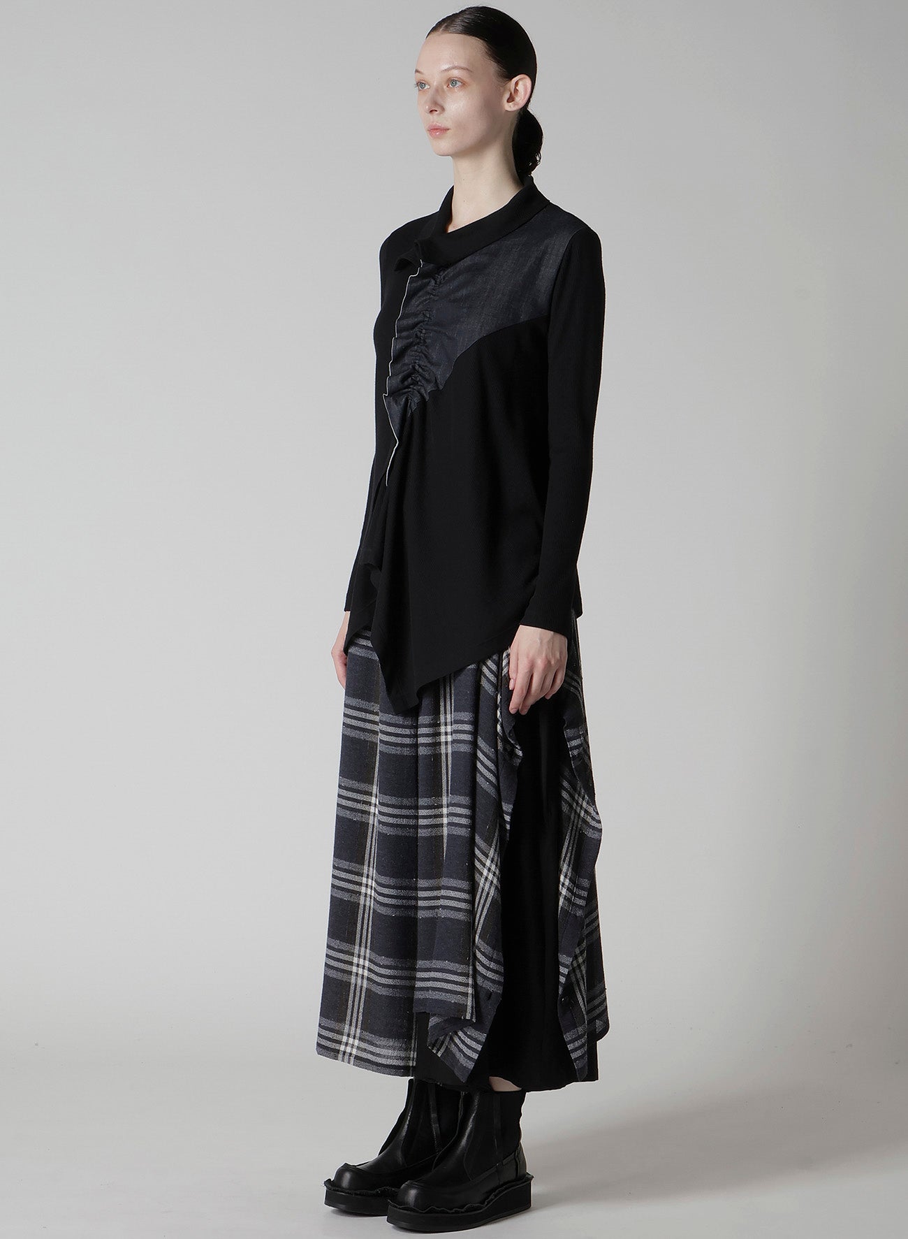 RIB/DENIM COMBINATION FLARE T WITH GATHERS