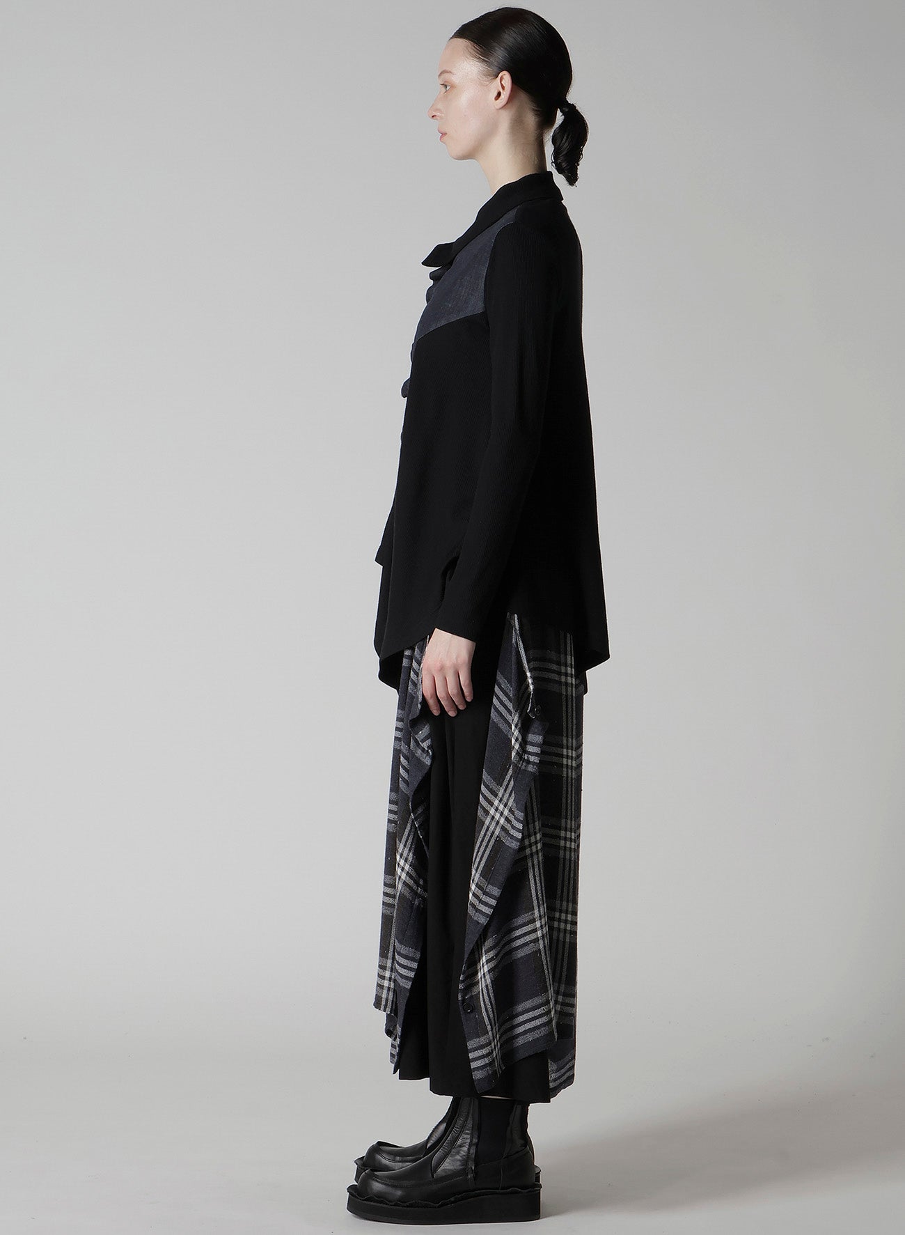 RIB/DENIM COMBINATION FLARE T WITH GATHERS