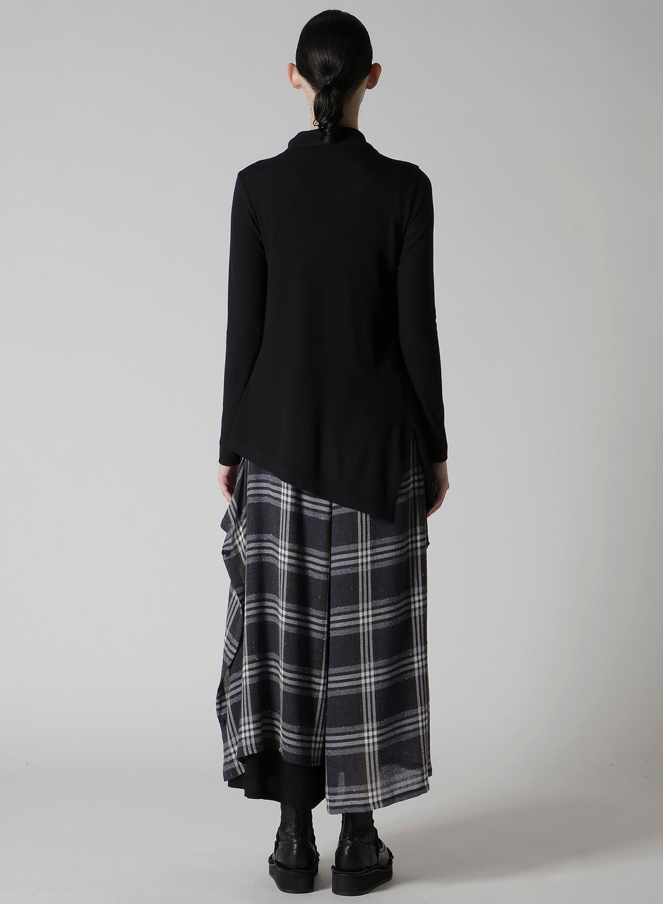 RIB/DENIM COMBINATION FLARE T WITH GATHERS