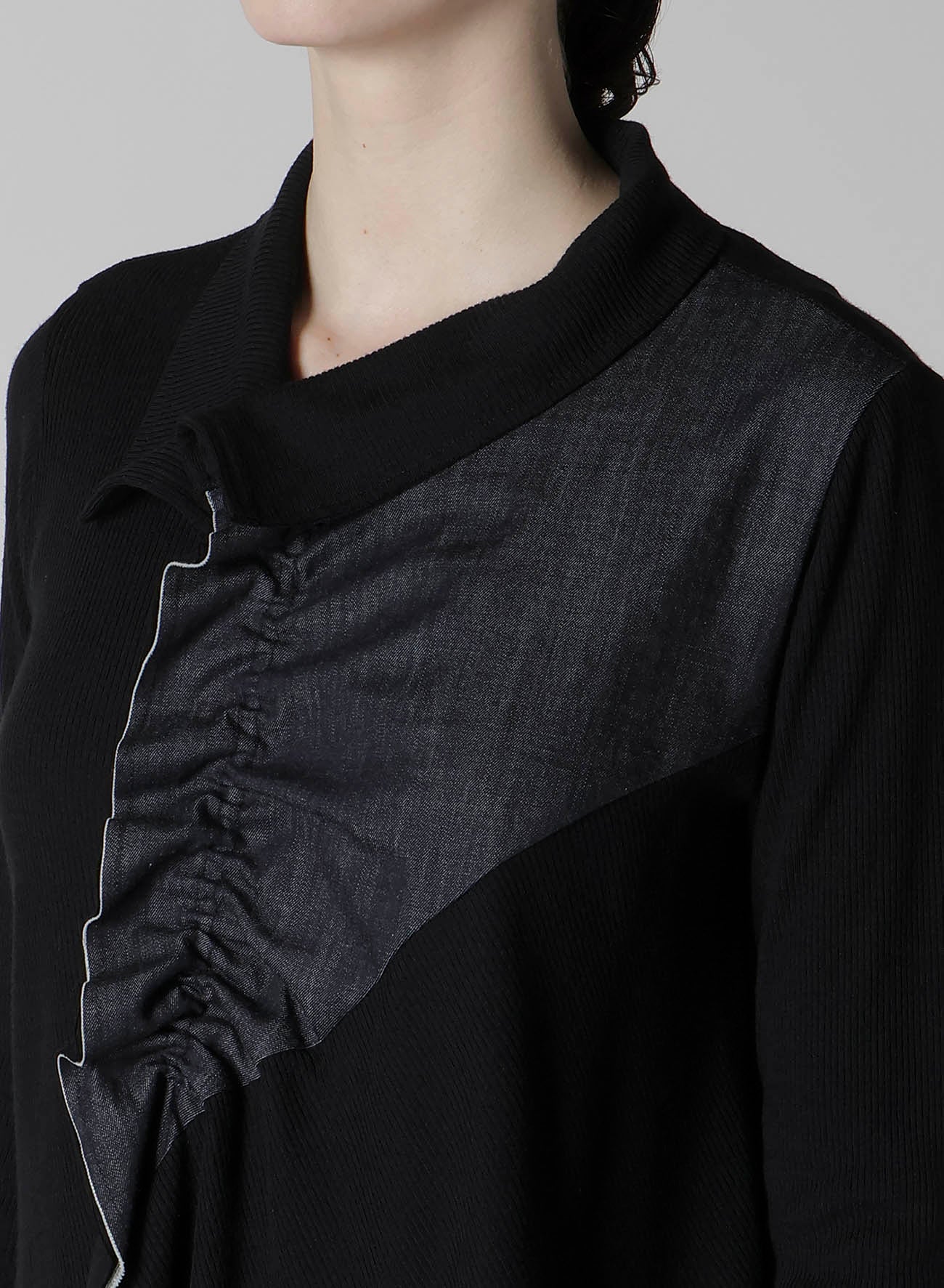 RIB/DENIM COMBINATION FLARE T WITH GATHERS
