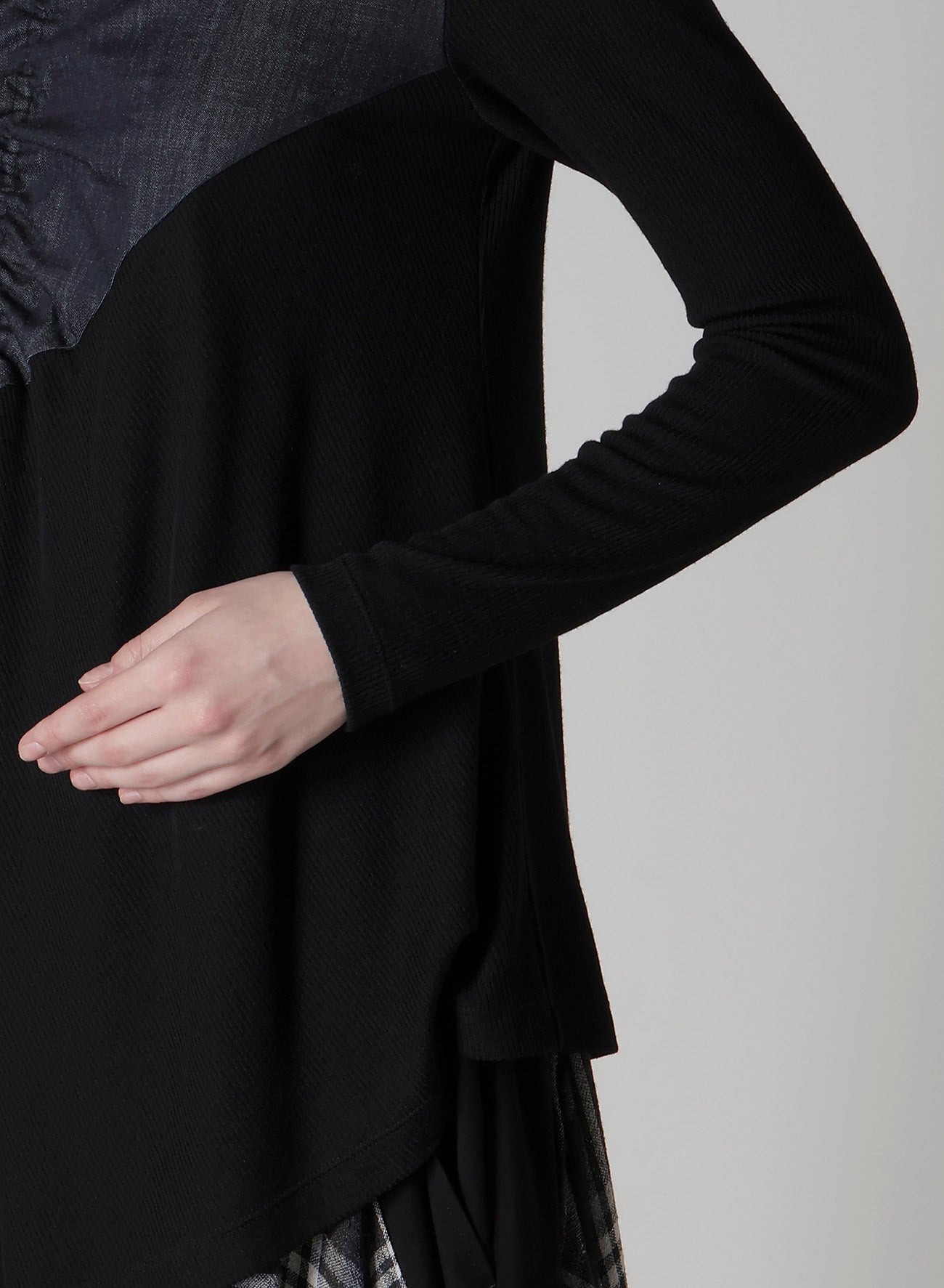 RIB/DENIM COMBINATION FLARE T WITH GATHERS