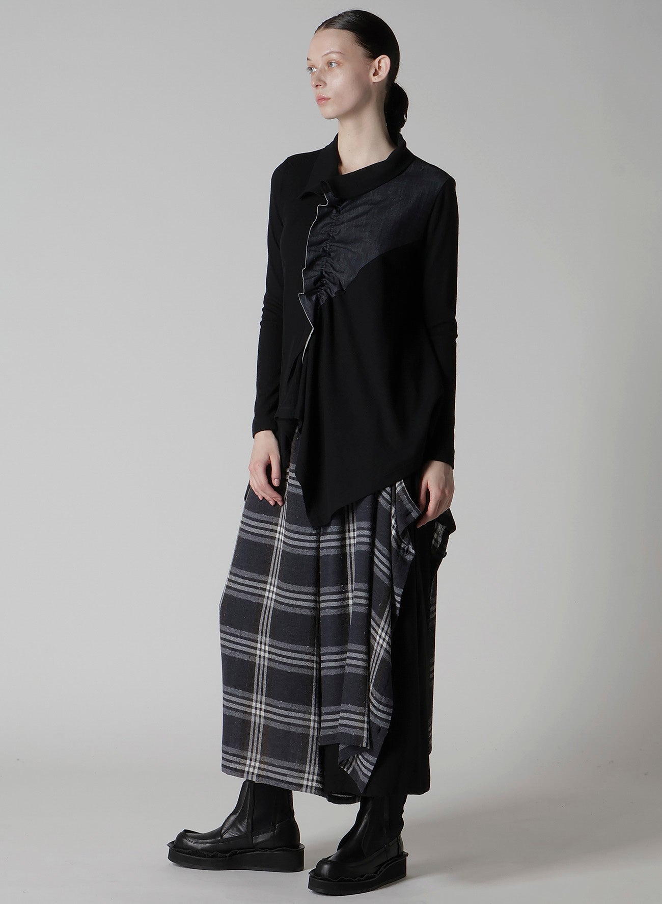 RIB/DENIM COMBINATION FLARE T WITH GATHERS