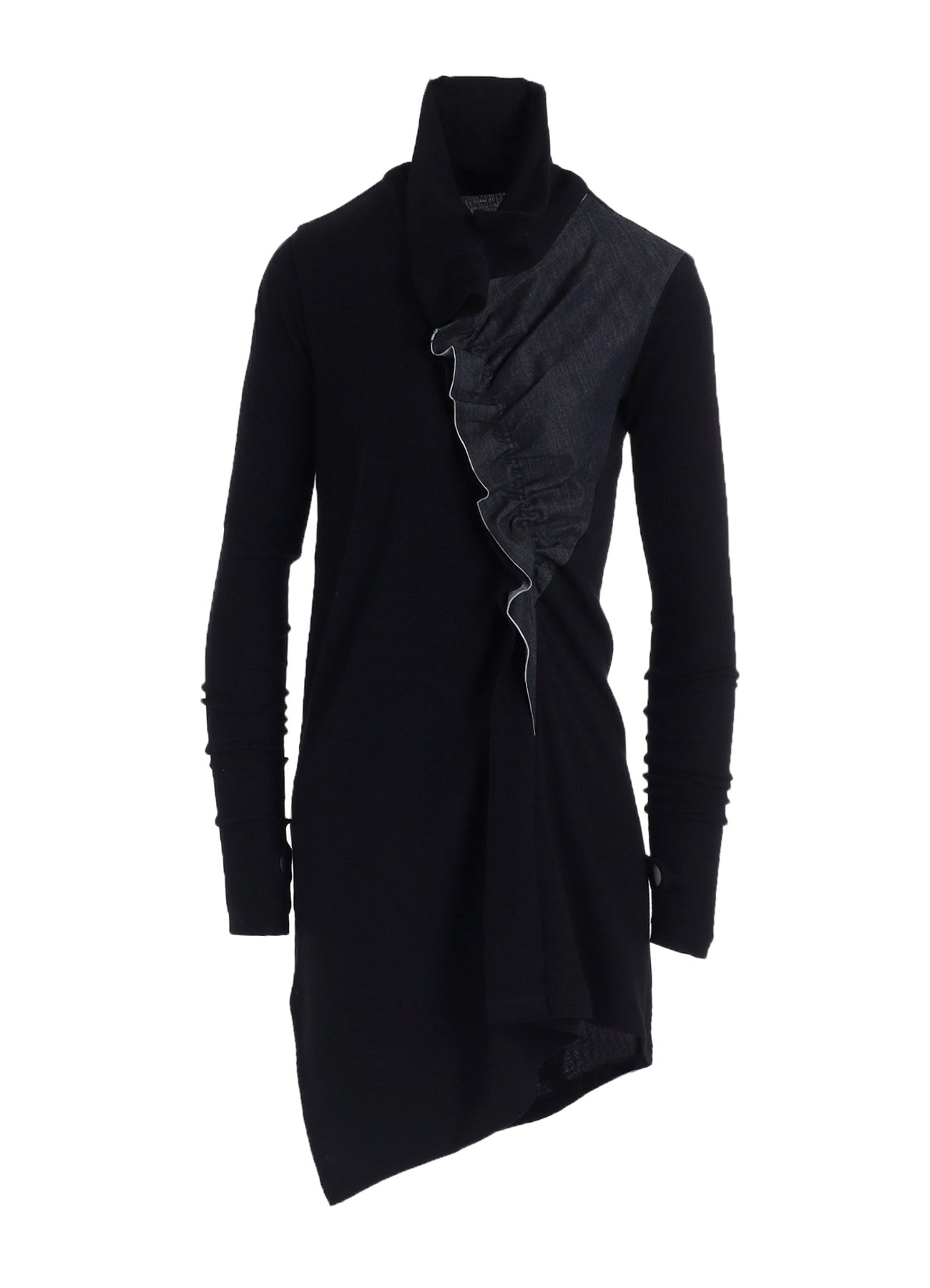 RIB/DENIM COMBINATION LONG T WITH GATHERS