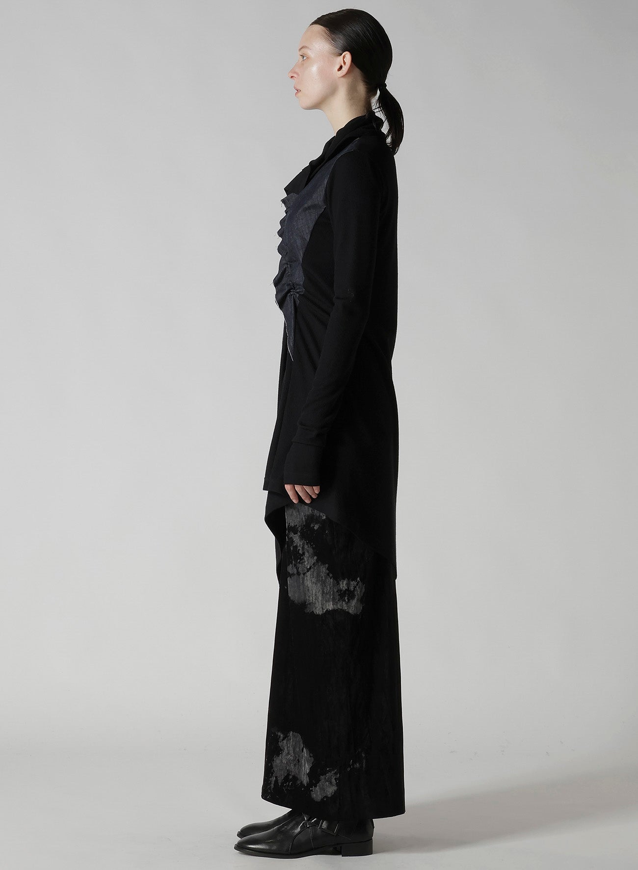 RIB/DENIM COMBINATION LONG T WITH GATHERS