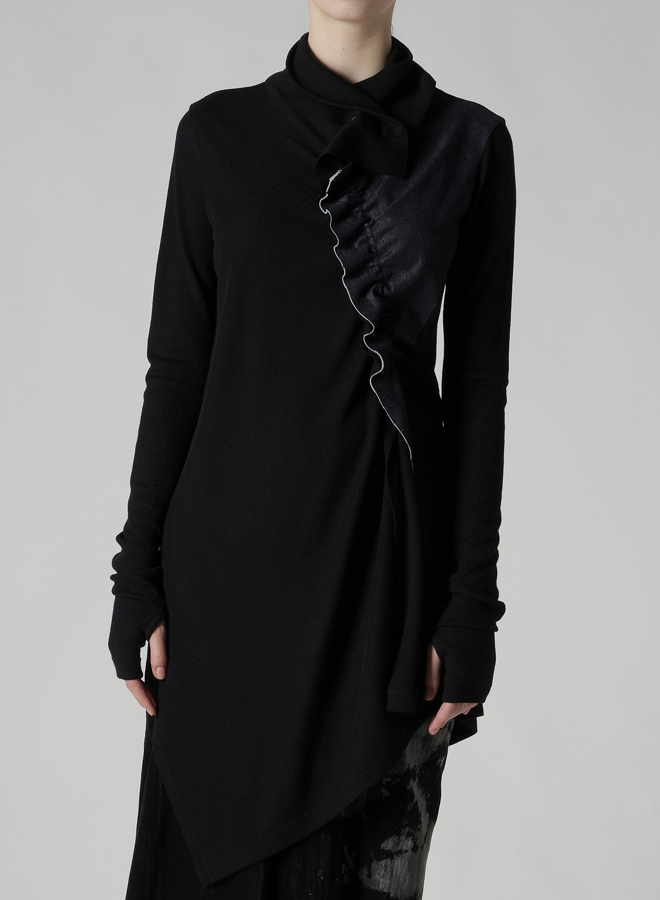 RIB/DENIM COMBINATION LONG T WITH GATHERS