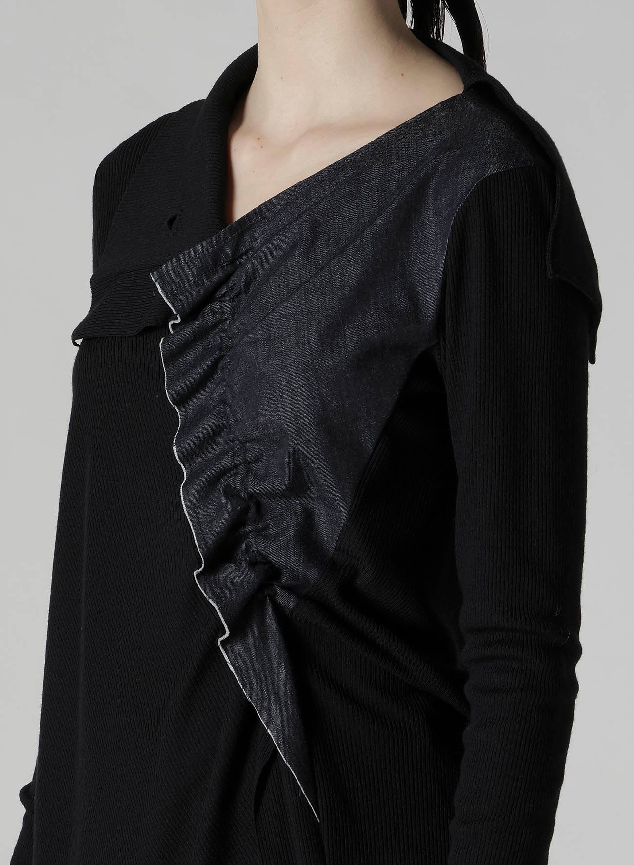 RIB/DENIM COMBINATION LONG T WITH GATHERS