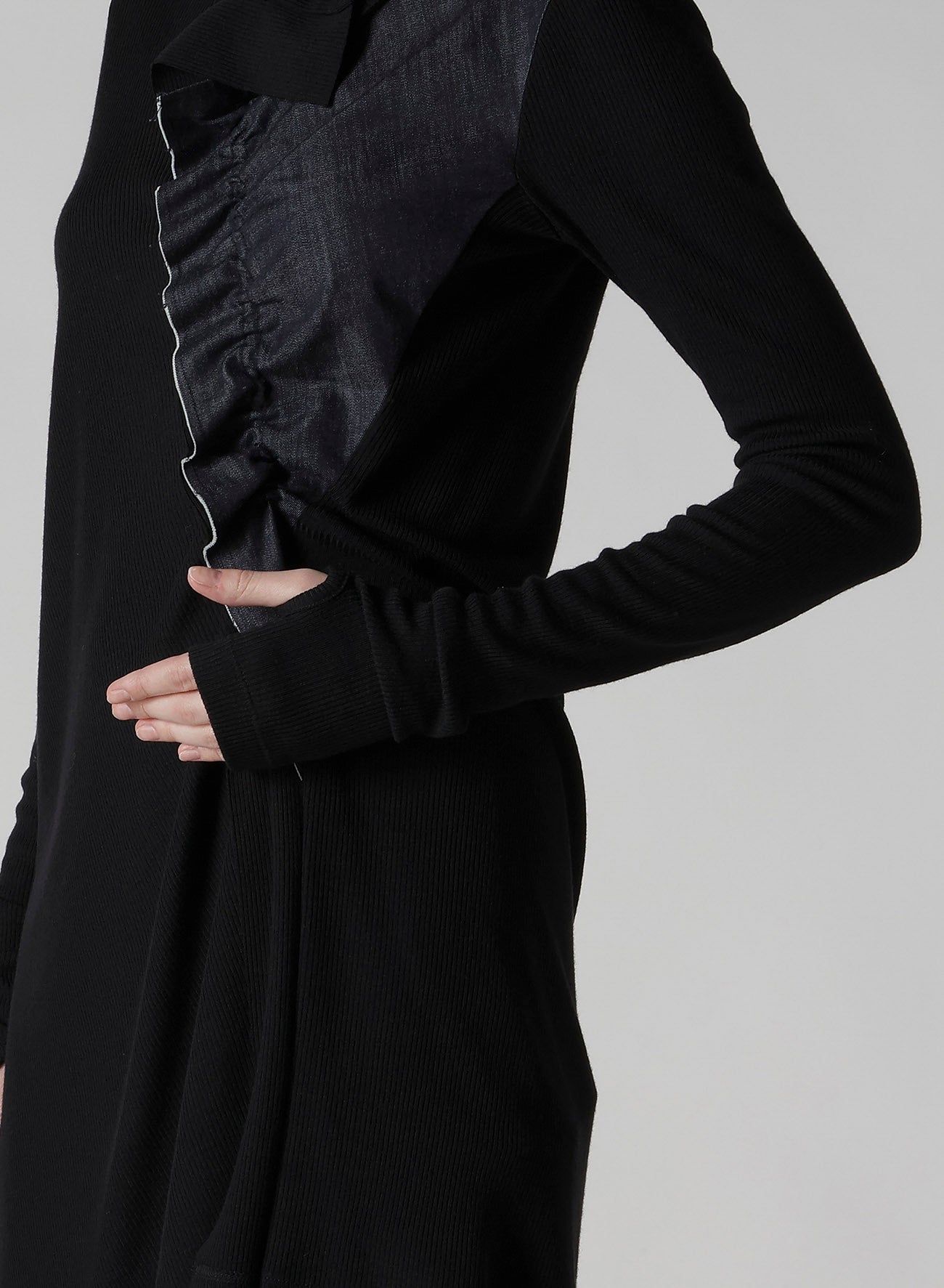 RIB/DENIM COMBINATION LONG T WITH GATHERS
