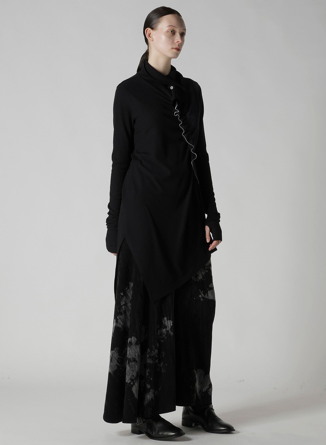 RIB/DENIM COMBINATION LONG T WITH GATHERS