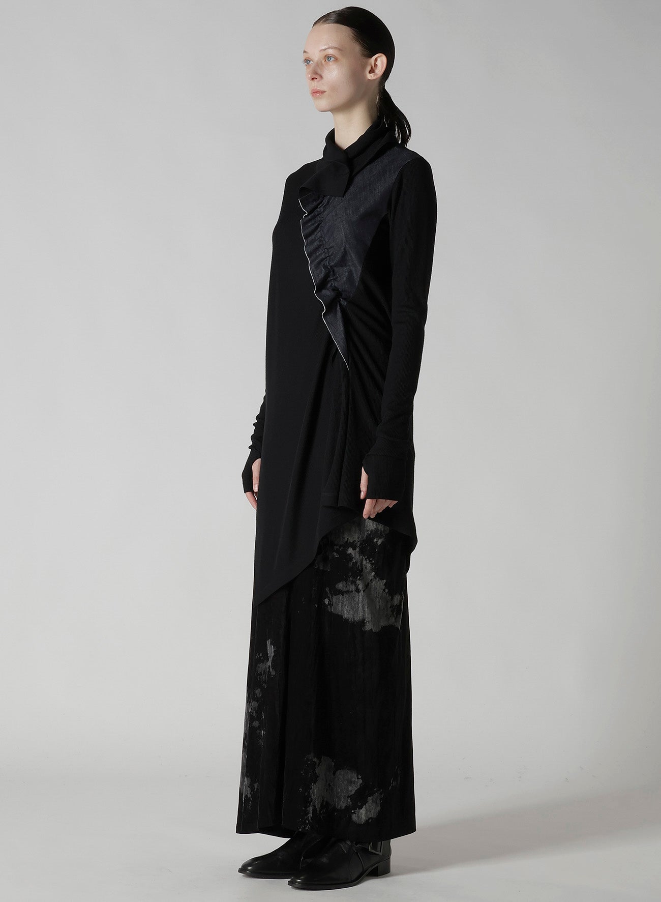 RIB/DENIM COMBINATION LONG T WITH GATHERS