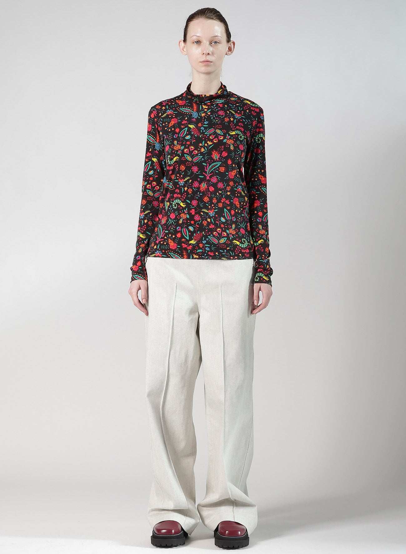 FLOWER PRINT PE JERSEY HIGH NECK T