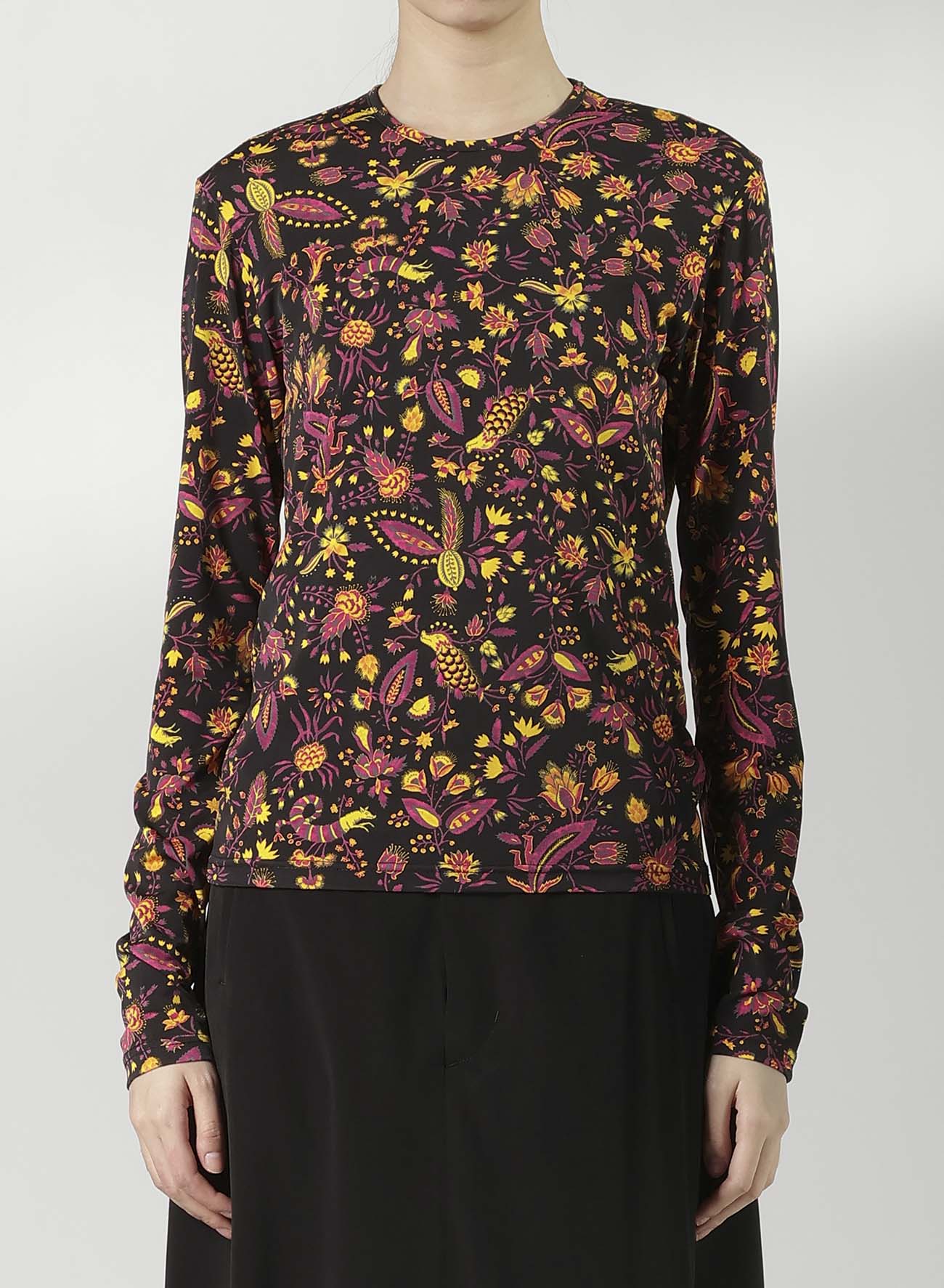 FLOWER PRINT PE JERSEY U-NECK T