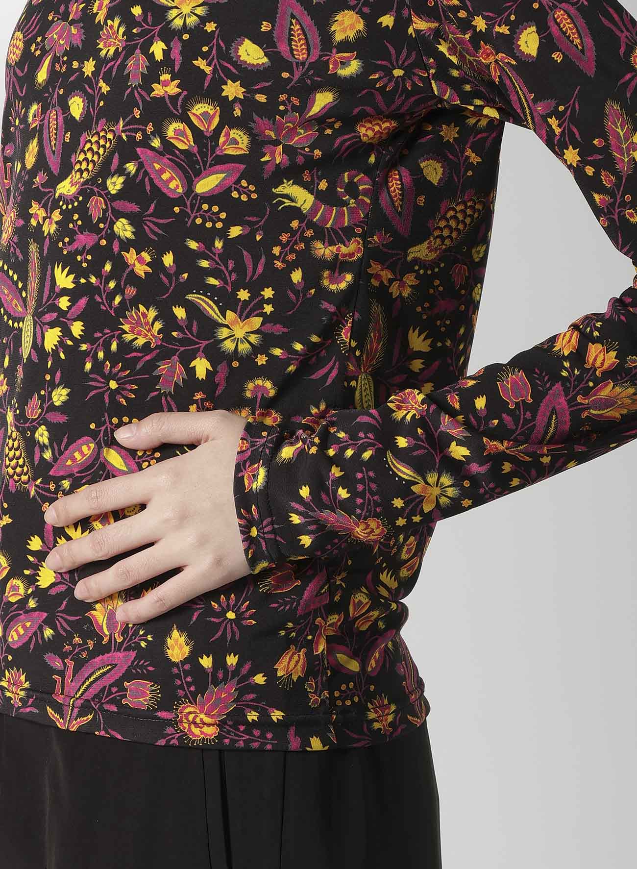 FLOWER PRINT PE JERSEY U-NECK T