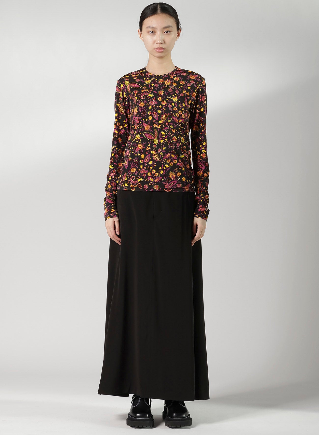 FLOWER PRINT PE JERSEY U-NECK T