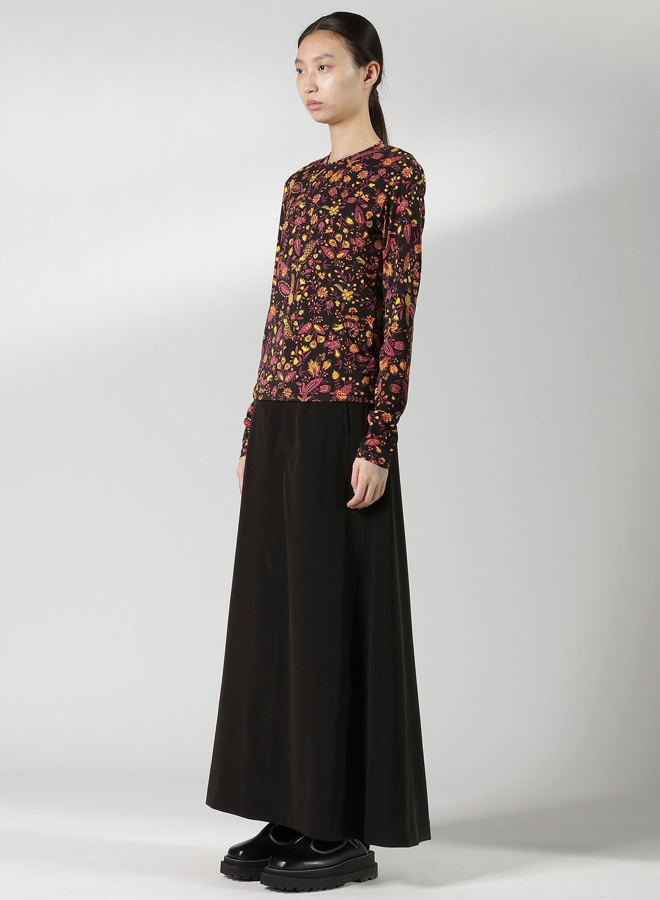 FLOWER PRINT PE JERSEY U-NECK T