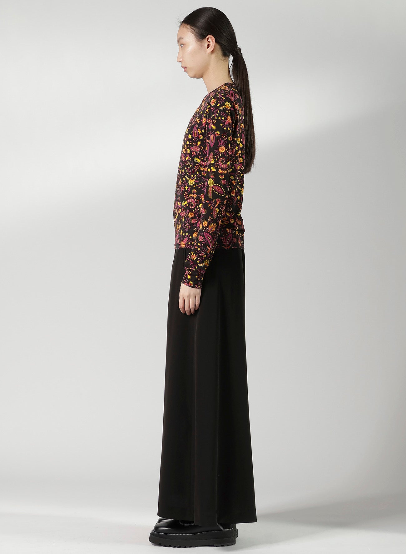 FLOWER PRINT PE JERSEY U-NECK T