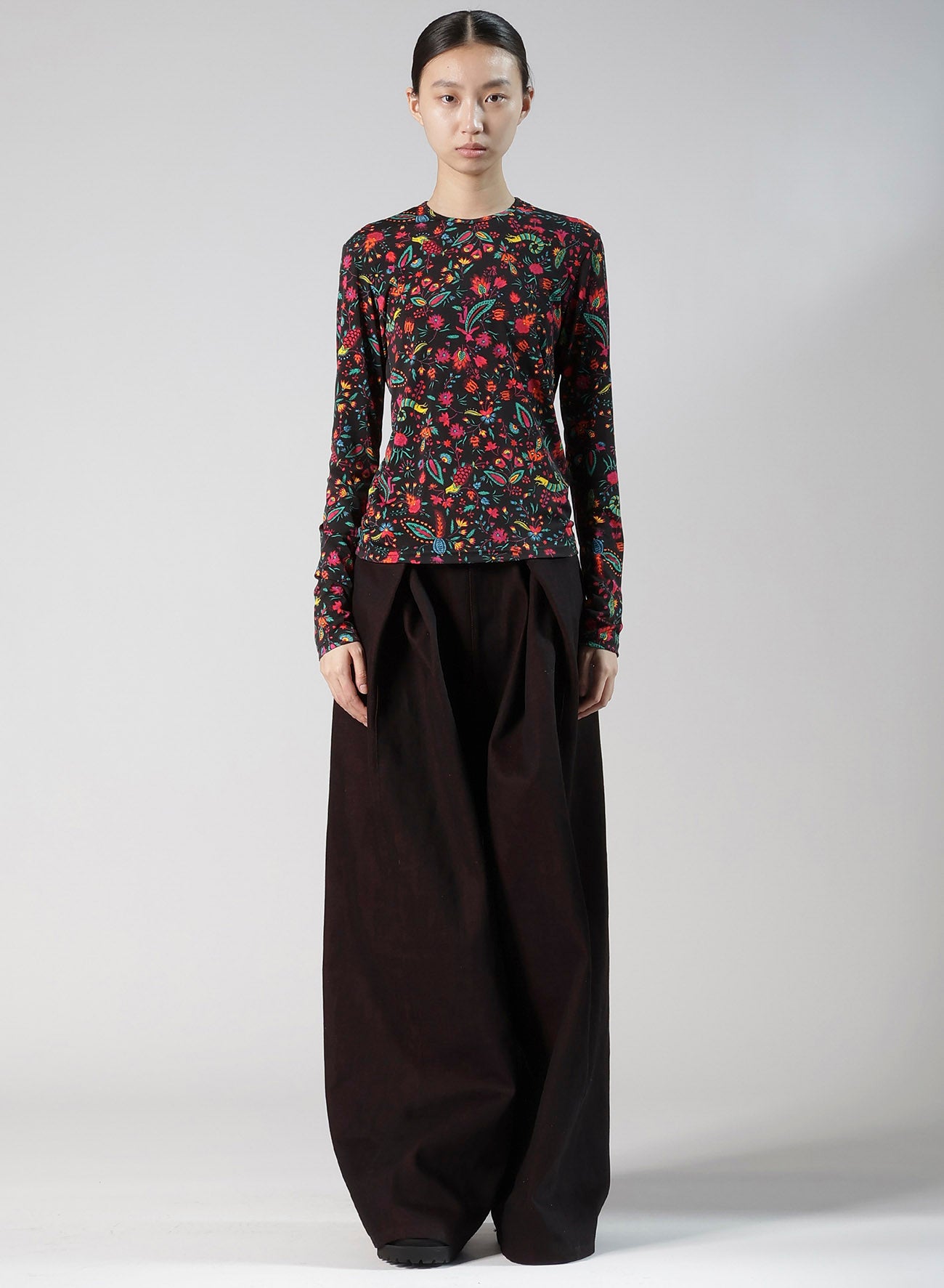 FLOWER PRINT PE JERSEY U-NECK T