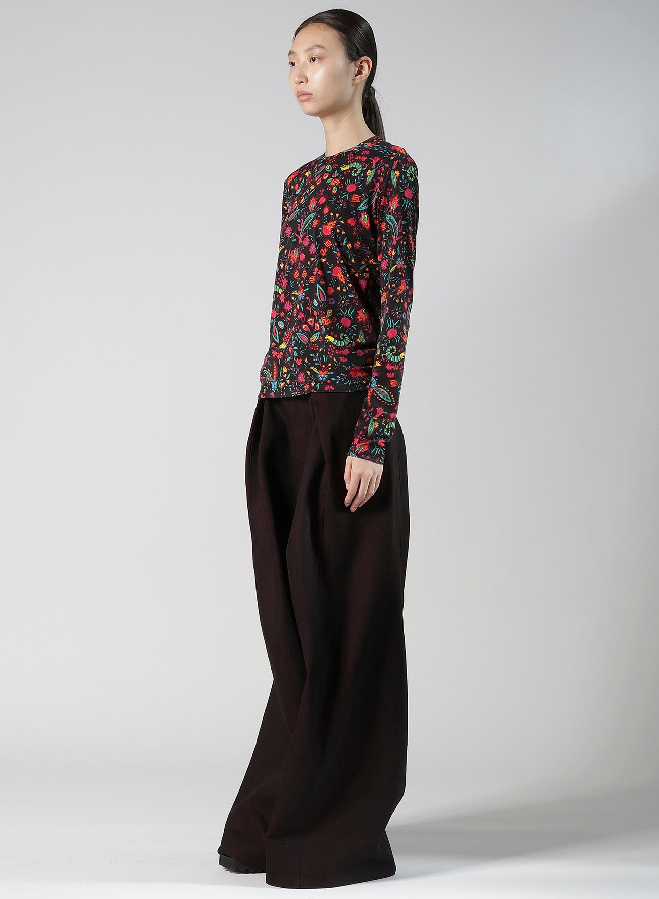 FLOWER PRINT PE JERSEY U-NECK T