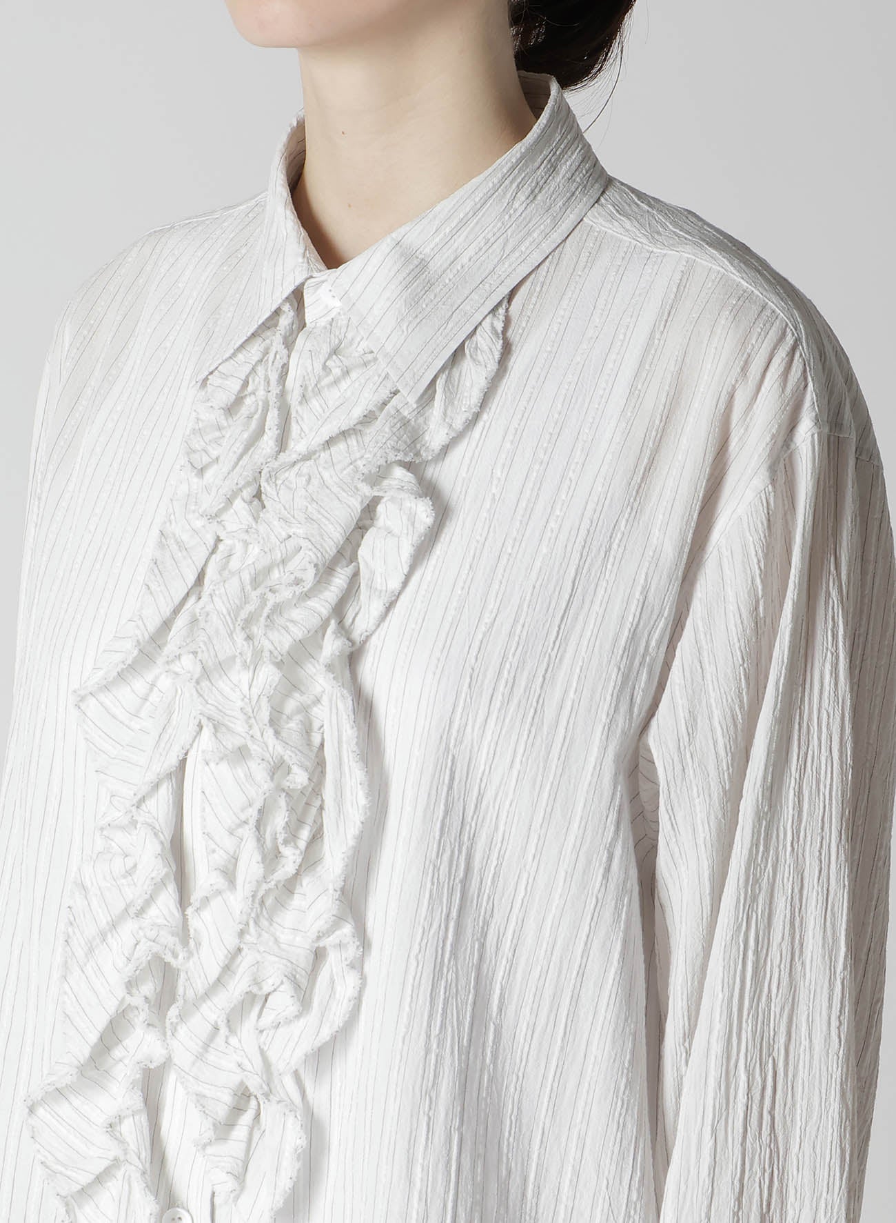 COTTON VOILE UNTRIMMED FRILL STRIPE BLOUSE