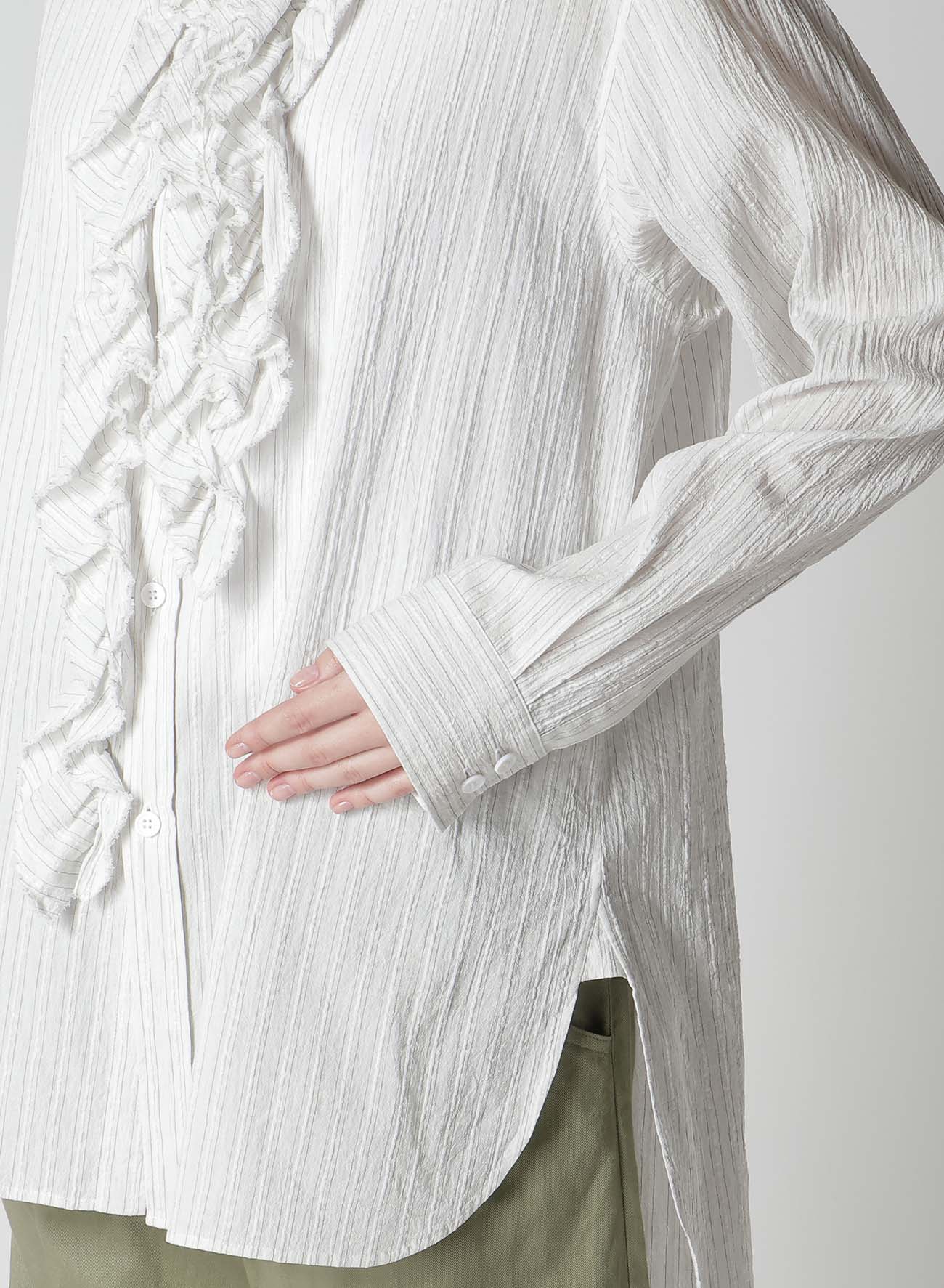 COTTON VOILE UNTRIMMED FRILL STRIPE BLOUSE