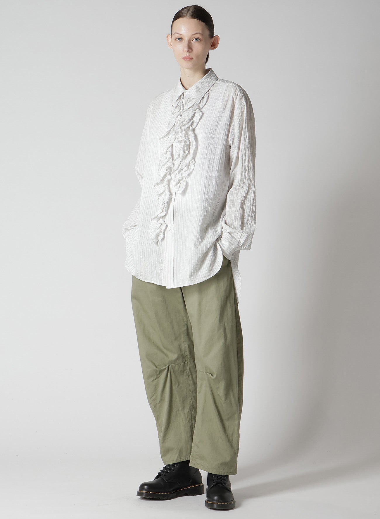 COTTON VOILE UNTRIMMED FRILL STRIPE BLOUSE