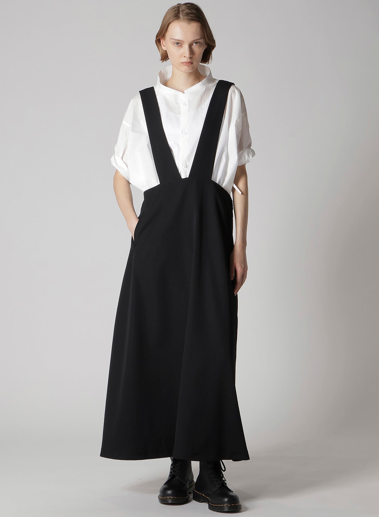 WOOL GABARDINE LONG FLARE DRAPE DRESS