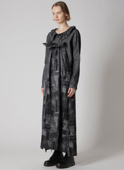 PATCHWORK JACQUARD FRONT GATHER DRESS