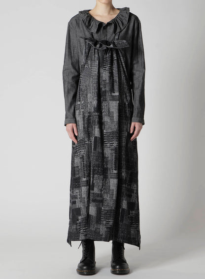 PATCHWORK JACQUARD FRONT GATHER DRESS