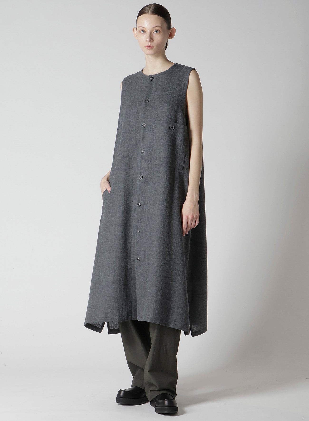 WOOL GAUZE TWILL LONG DRESS WITH POCKET