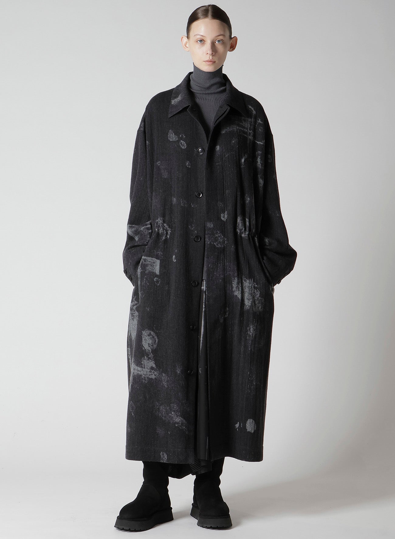 WOOL GAUZE SMUDGED POLKA DOT WAIST STRING DRESS