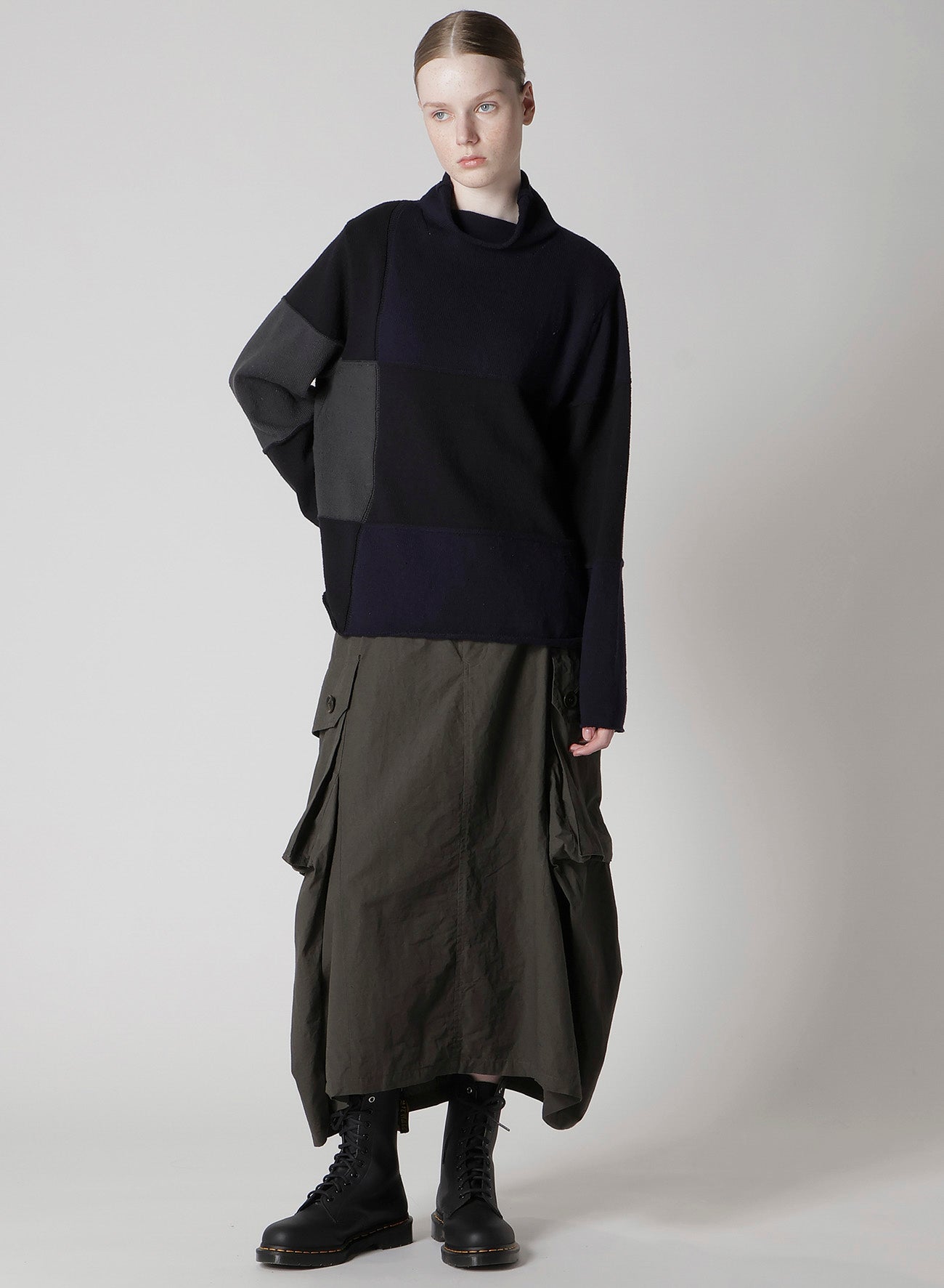 HARD-TWISTED BLOCK INTARSIA HIGH-NECK PULLOVER