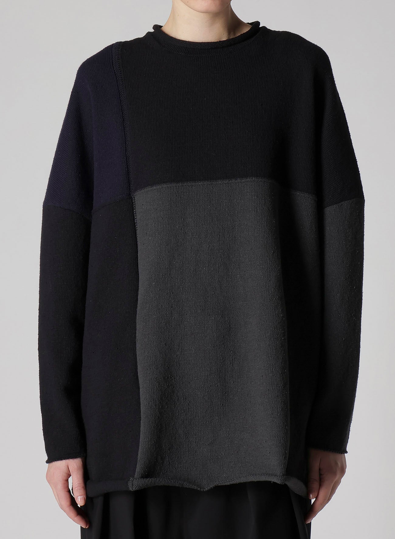 HARD-TWISTED BLOCK INTARSIA SHORT DRESS PULLOVER
