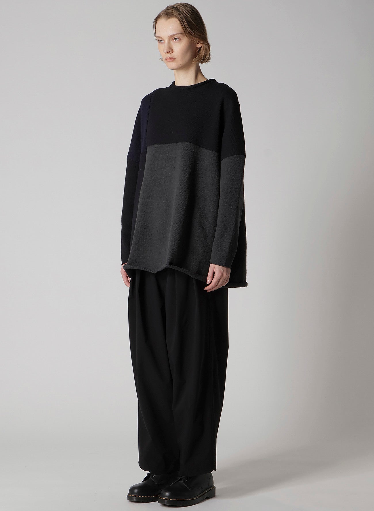 HARD-TWISTED BLOCK INTARSIA SHORT DRESS PULLOVER