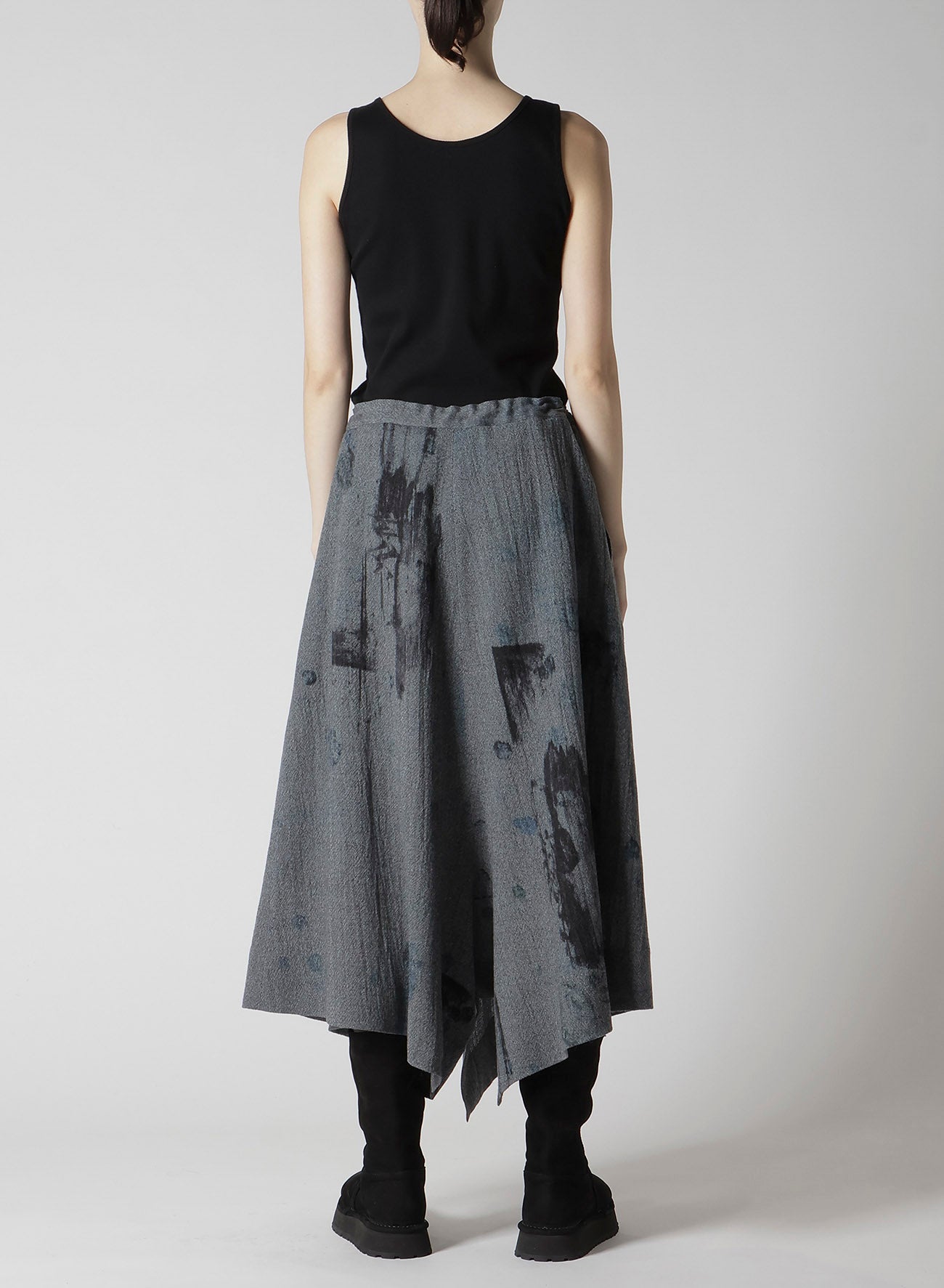 WOOL GAUZE SMUDGED POLKA DOT SLITTED RIGHT HEM PANTS