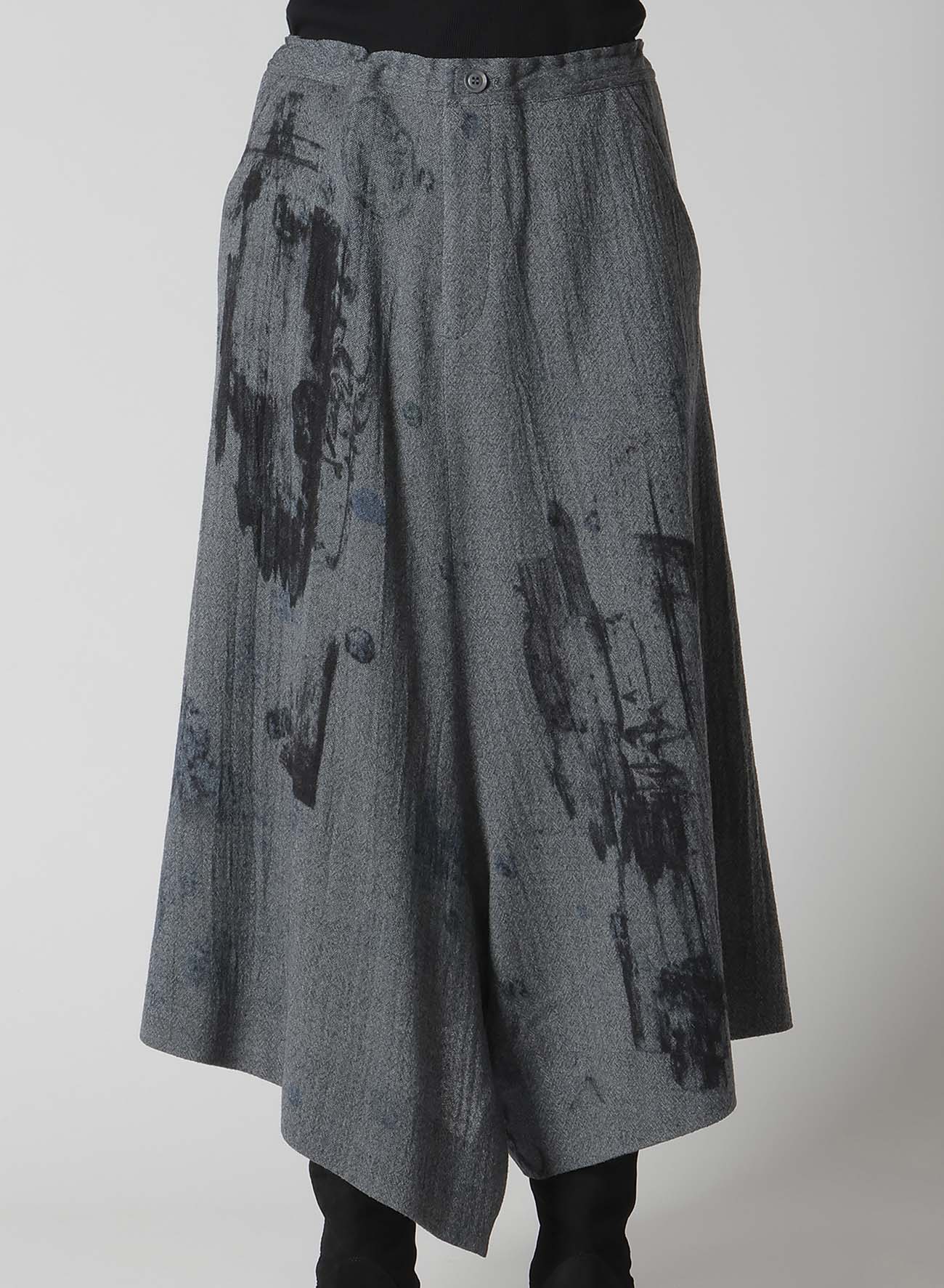 WOOL GAUZE SMUDGED POLKA DOT SLITTED RIGHT HEM PANTS