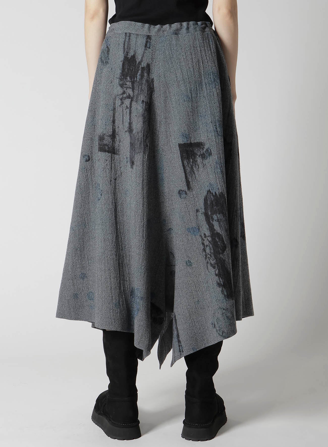 WOOL GAUZE SMUDGED POLKA DOT SLITTED RIGHT HEM PANTS