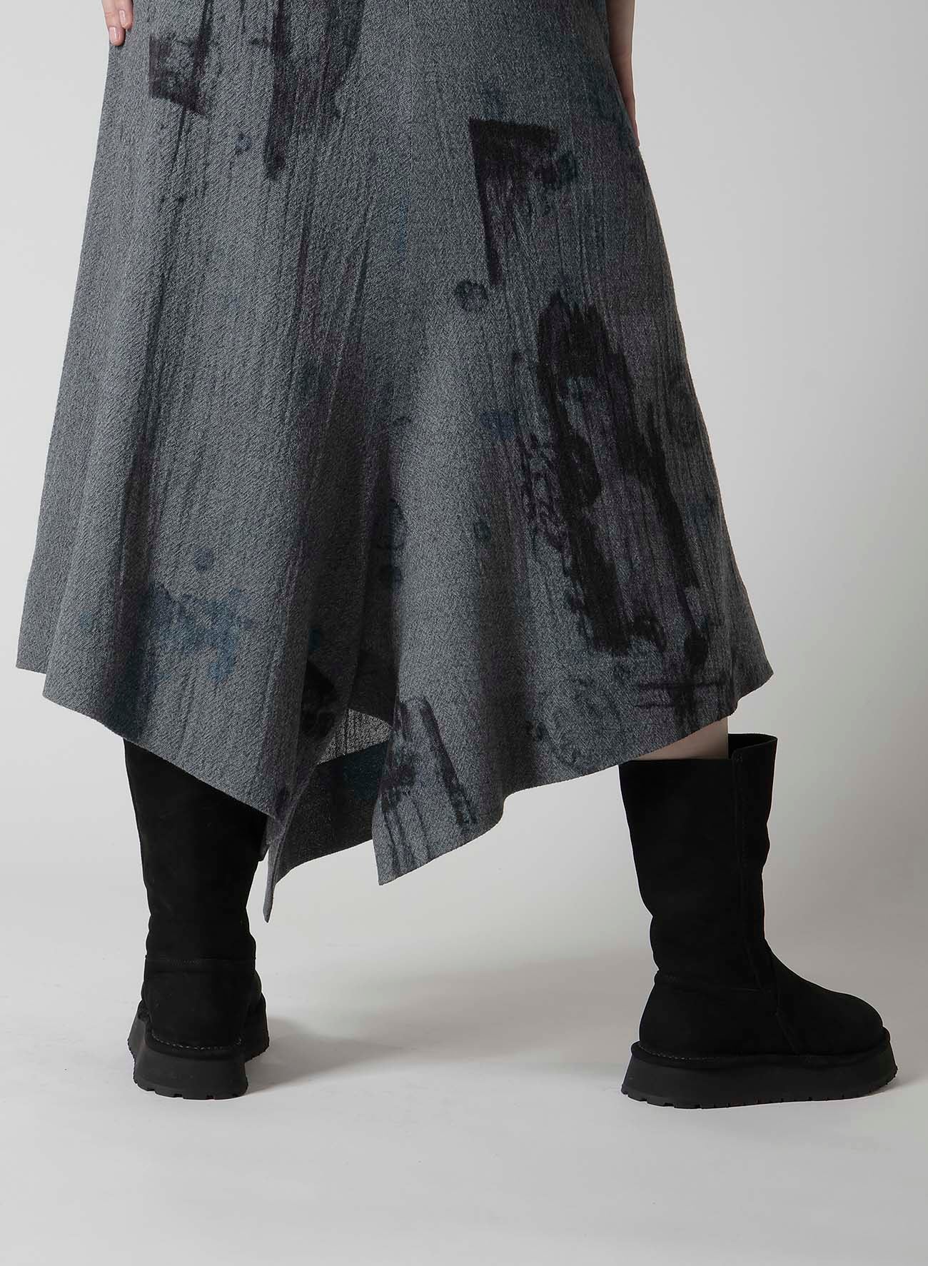 WOOL GAUZE SMUDGED POLKA DOT SLITTED RIGHT HEM PANTS