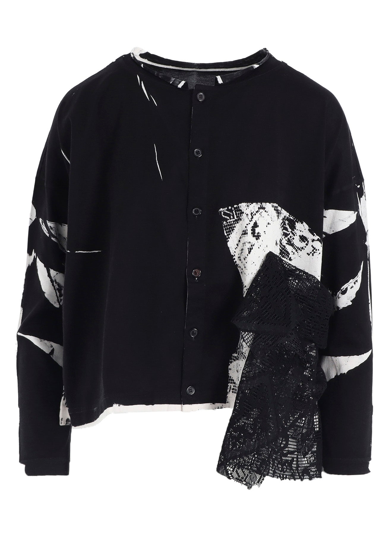 COTTON LACE/PRINT SIDE POCKET CROPPED CARDIGAN