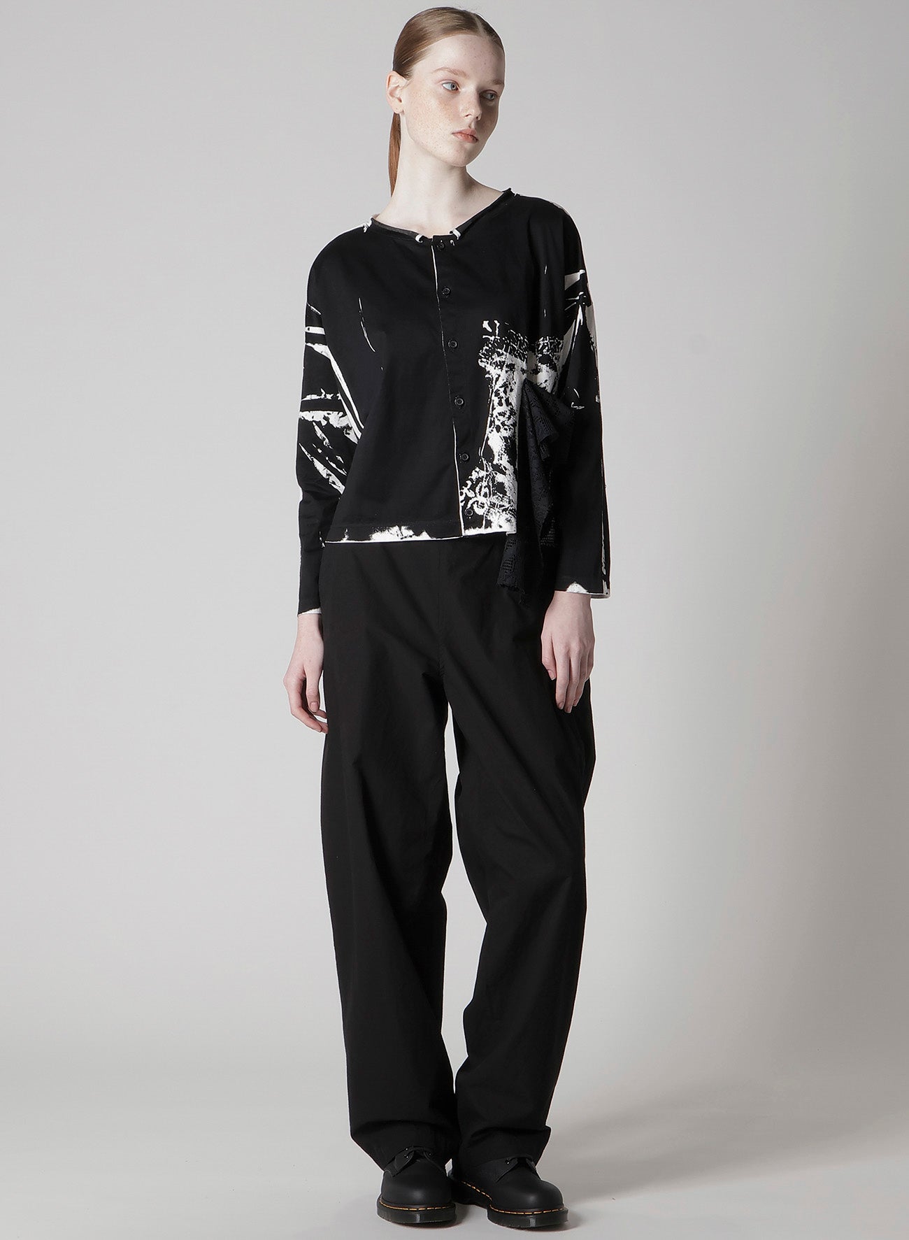 COTTON LACE/PRINT SIDE POCKET CROPPED CARDIGAN